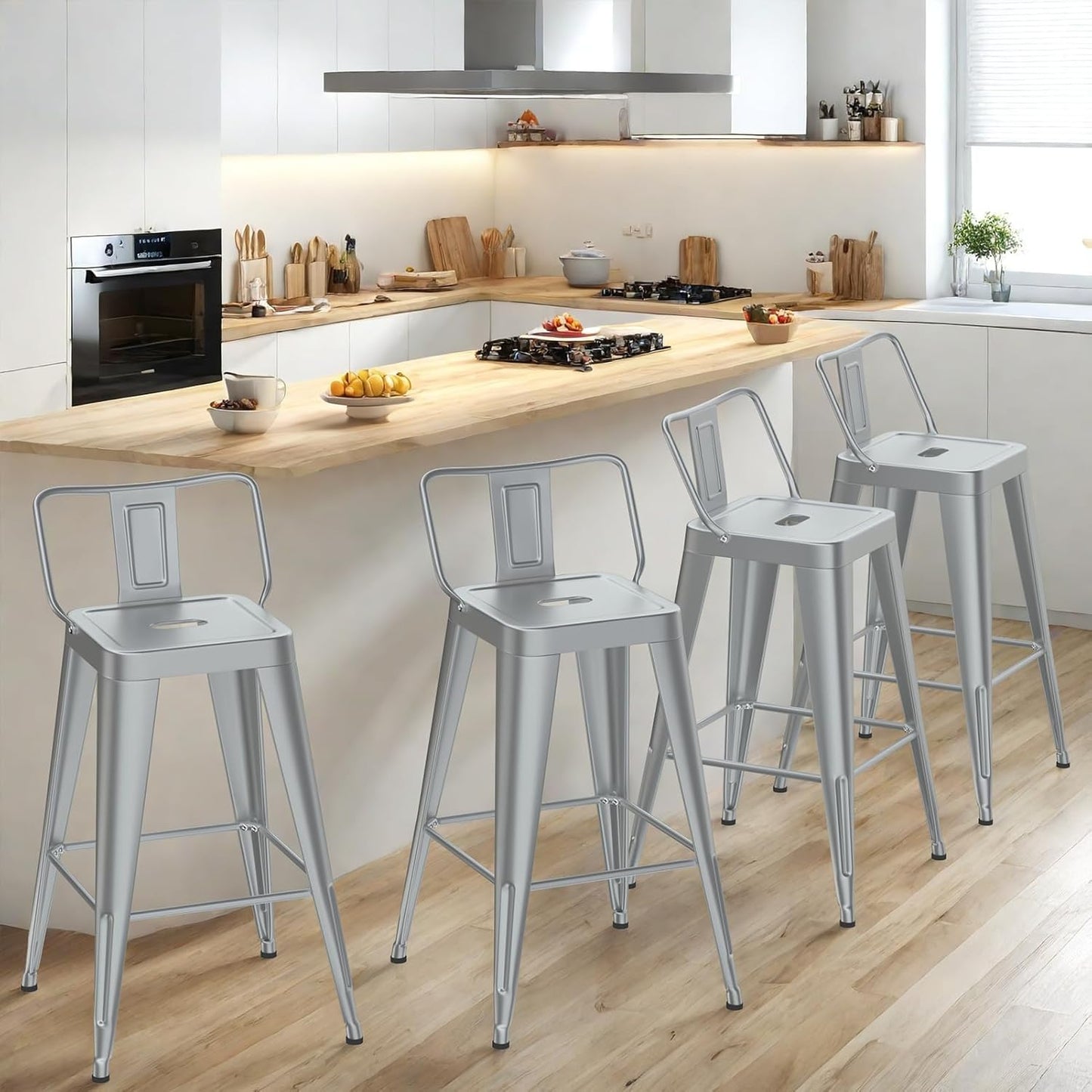 24 Inch Metal Bar Stools Set of 4, Counter Height Bar Stools with Low Back,Modern Industrial Bar Chairs for Kitchen (Matte Black)
