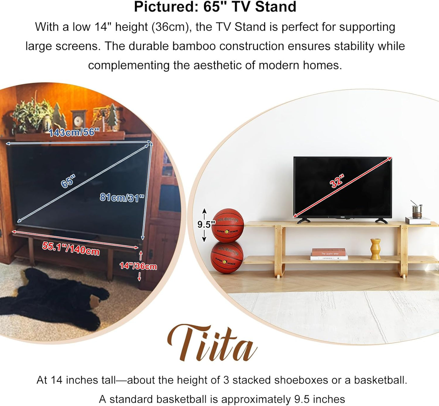 Tiita TV Stand with Storage for TVs up to 65'', Bamboo TV Console Entertainment Center with 2 Open Shelf, Mid Century Modern Media Console for Living Room, Bedroom, Walnut