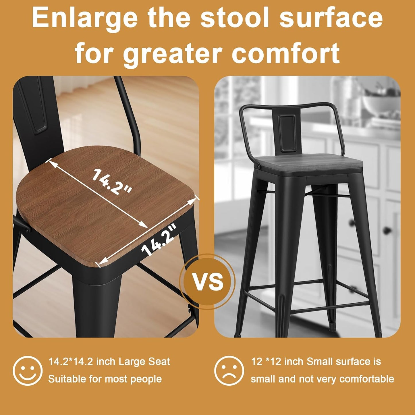 Andeworld Metal Bar Stools Set of 4, 24 inch Counter Height Barstools with Backs Farmhouse Modern High Back Bar Stools with Larger Seat Kitchen Dining Bar Chairs,Matte Black