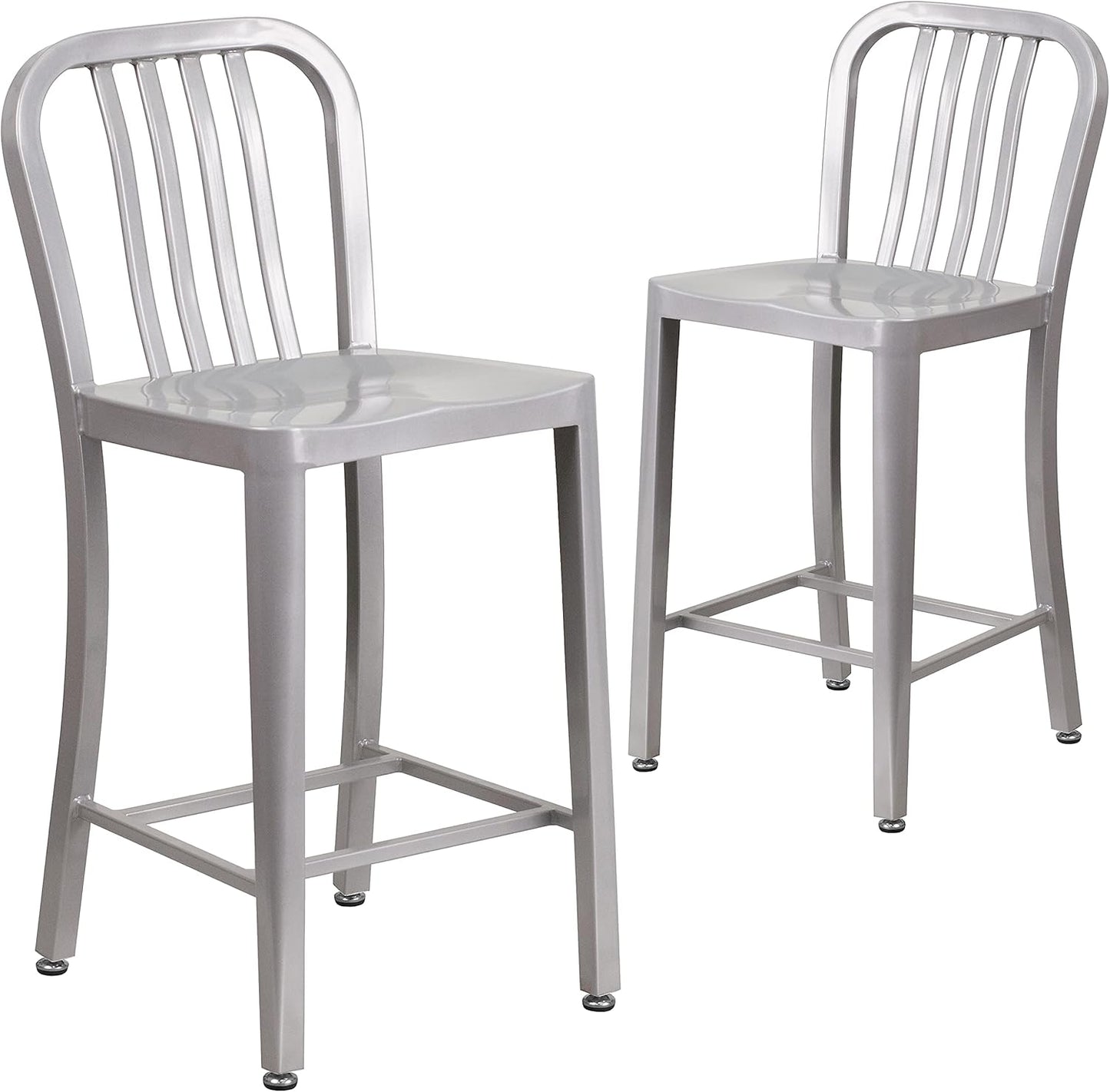 Flash Furniture 24" Commercial Grade Metal Counter Height Stool with Footrest, Modern Vertical Slat Back Stool for Restaurants and Kitchens, Silver