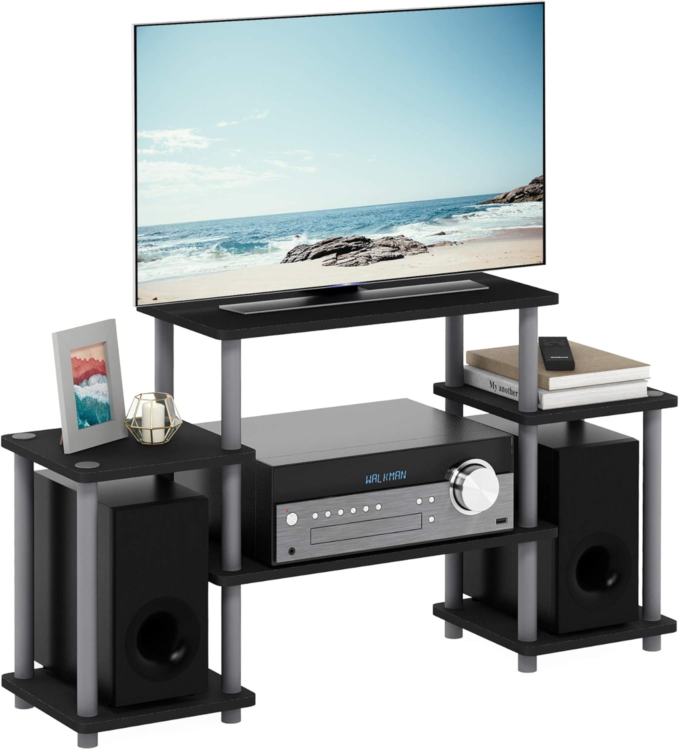 Furinno JAYA Simple Design Corner TV Stand, French Oak Grey/Black, 42.04 x 22.75 x 15.55 Inches