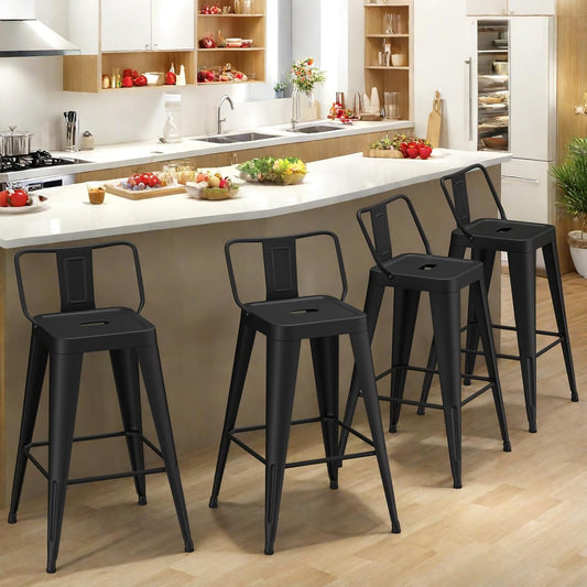 24 Inch Metal Bar Stools Set of 4, Counter Height Bar Stools with Low Back,Modern Industrial Bar Chairs for Kitchen (Matte Black)