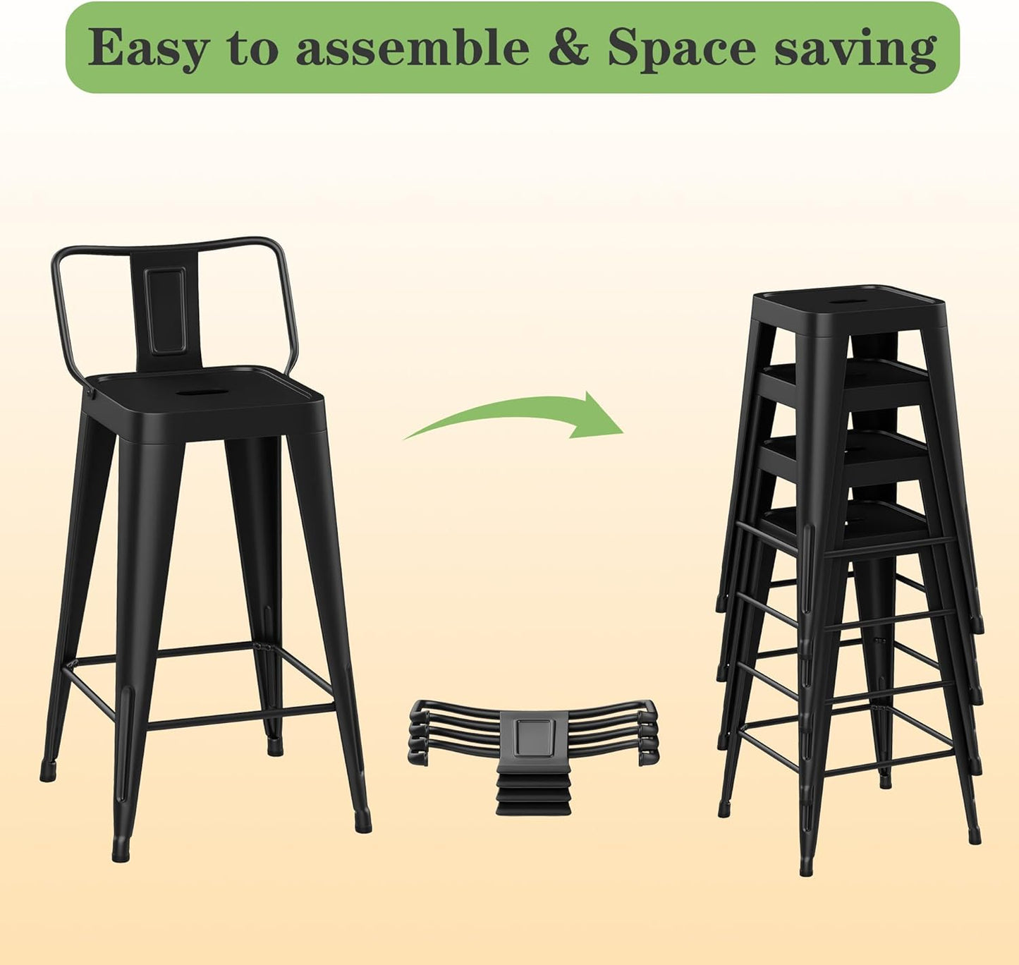 Metal Bar Stools Set of 4 Barstools Indoor/Outdoor Counter Height Bar Stools Bar Chairswith Back Counter Height for Kitchen Island Dining Room (Black, 26inch)