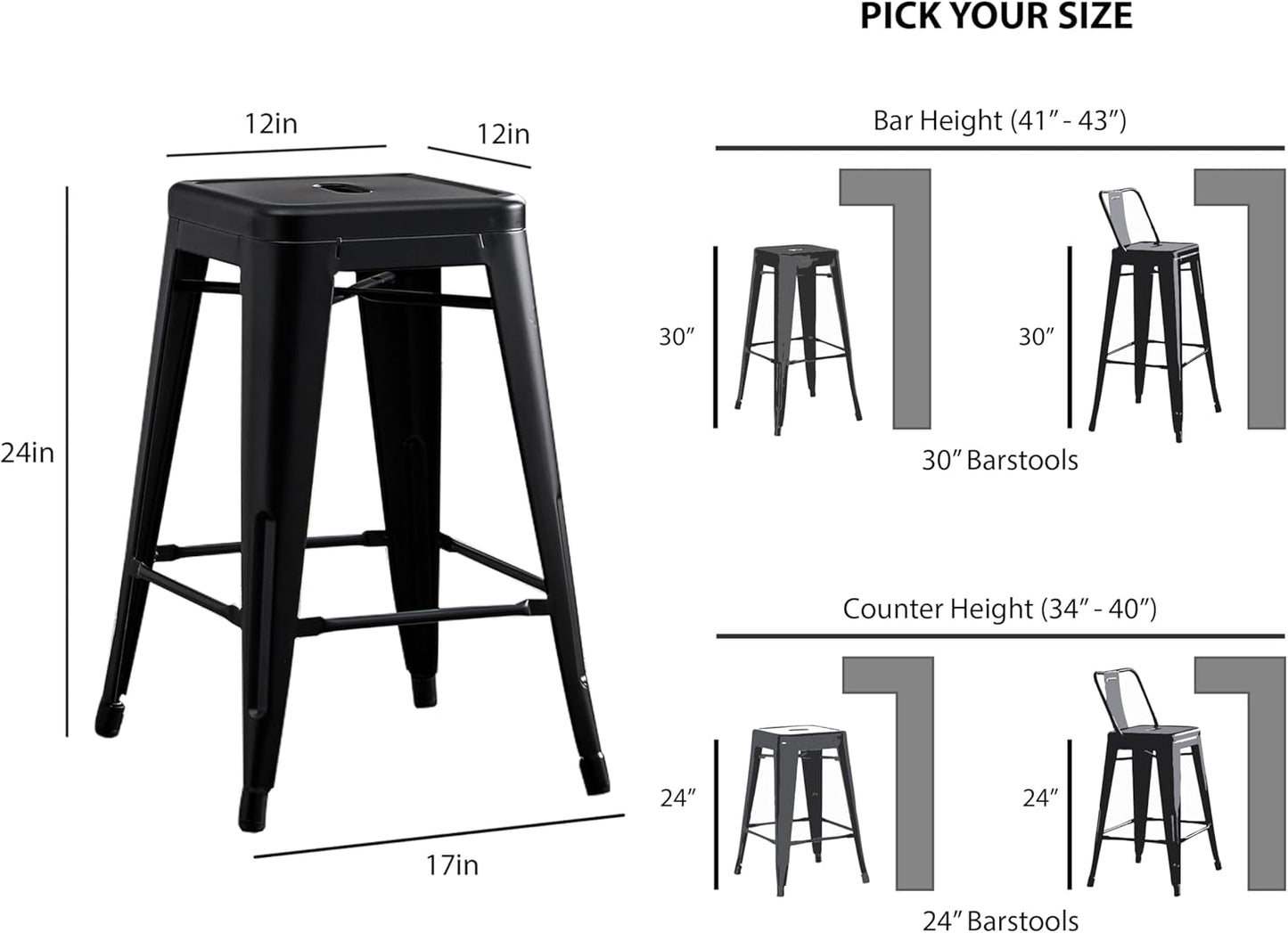 AC Pacific 24” Metal Backless Barstool Set of 2 – Country Rustic Style, Lightweight & Sturdy Build, Easy Assembly – Matte Black Finish