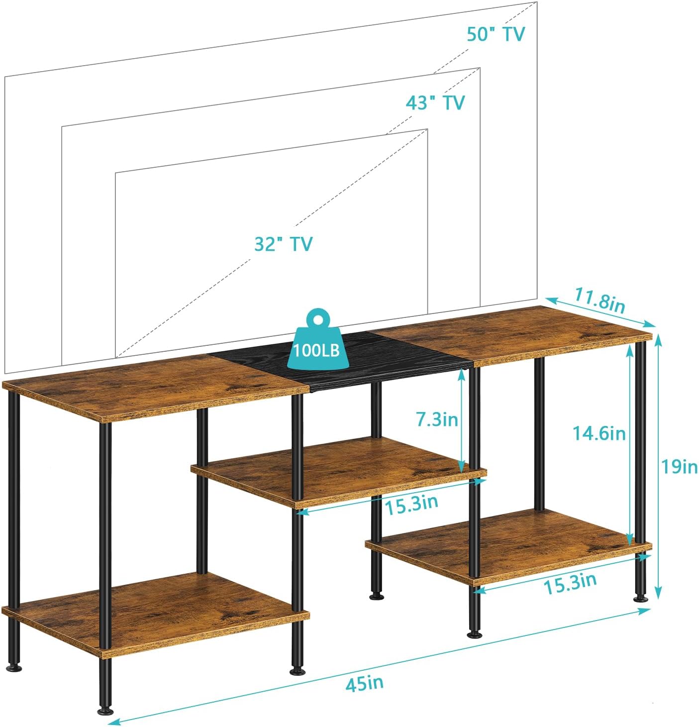 Industrial TV Stand with Storage for 50 inch TV Rustic TV Cabinet with Open Storage Shelf 3 Tier Entertainment Center Wood Console Table with Metal Round Tubes for Living Room Bedroom, Brown