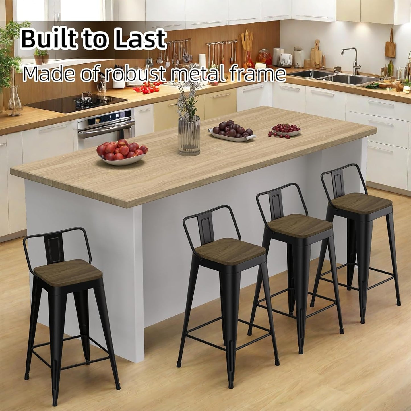 Black Bar Stools Set of 4, Metal Bar Stools with Wooden Seat, Modern 24”Counter Height Barstools with Low Back