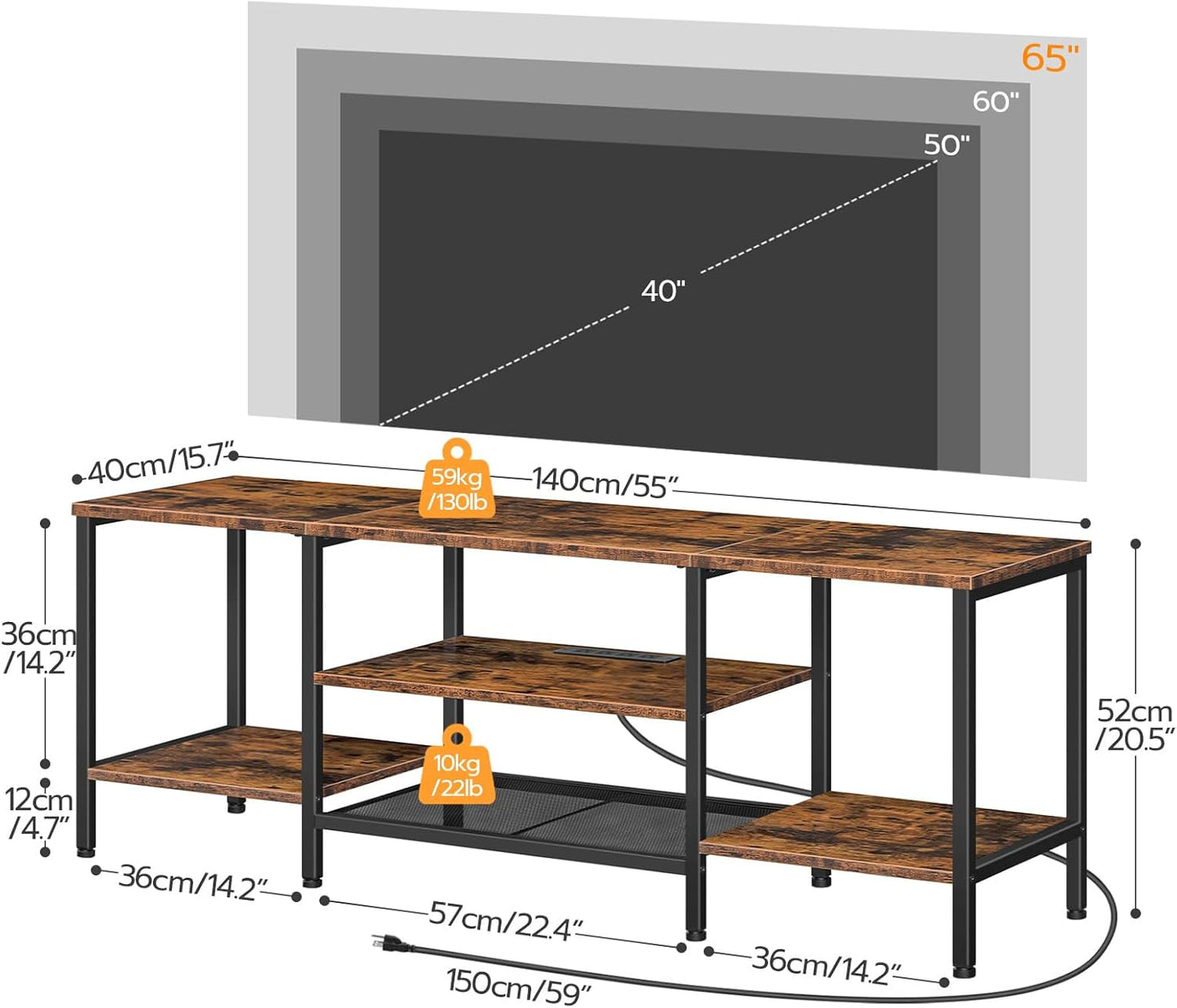 HOOBRO TV Stand with Power Outlets to 65 Inches, TV Console Table with Open Storage Shelves, Industrial Media Entertainment Center for Living Room Bedroom, Rustic Brown and Black BF40DS01