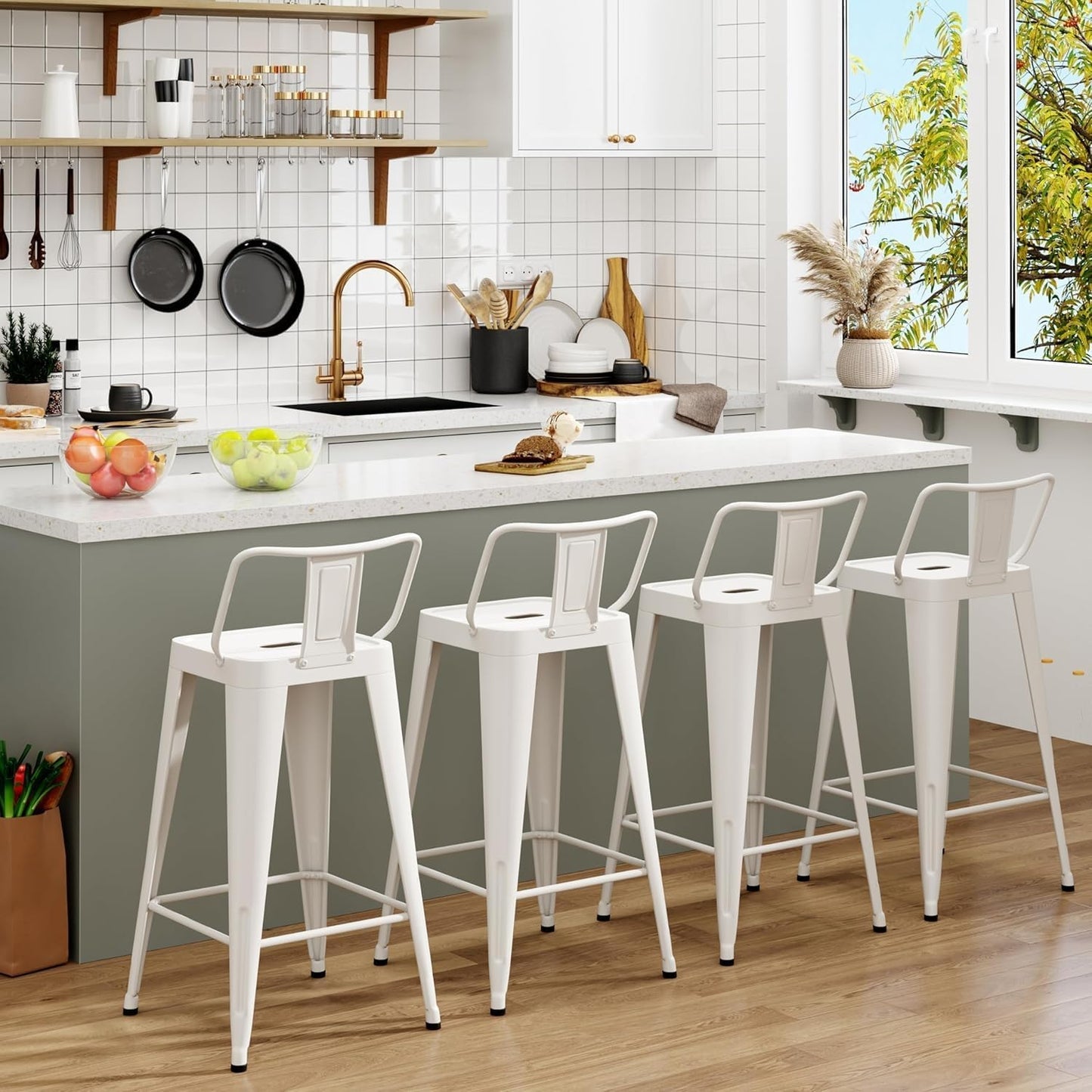 Metal Bar Stools Set of 4 Barstools Indoor/Outdoor Counter Height Bar Stools Bar Chairswith Back Counter Height for Kitchen Island Dining Room (Black, 26inch)