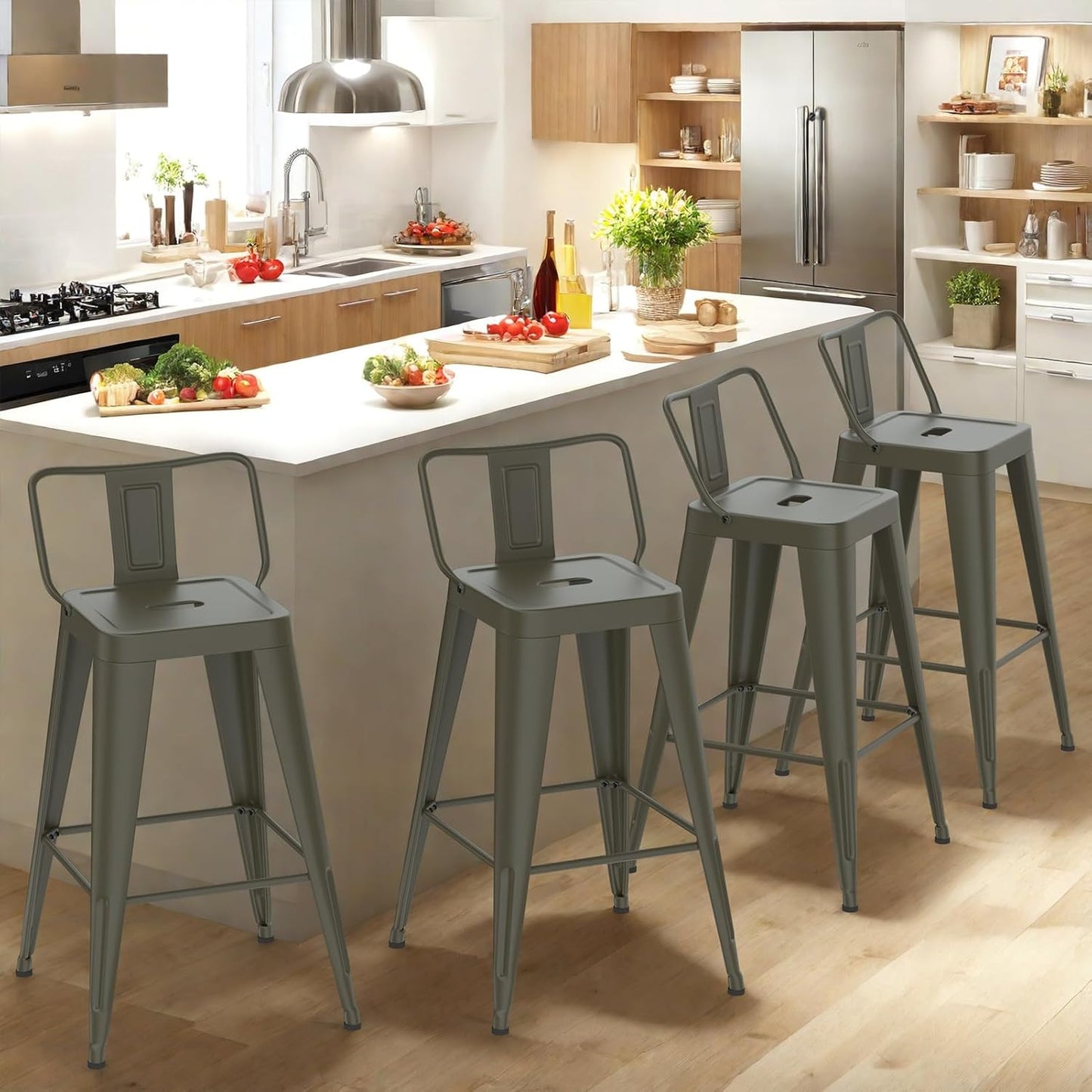 24 Inch Metal Bar Stools Set of 4, Counter Height Bar Stools with Low Back,Modern Industrial Bar Chairs for Kitchen (Matte Black)