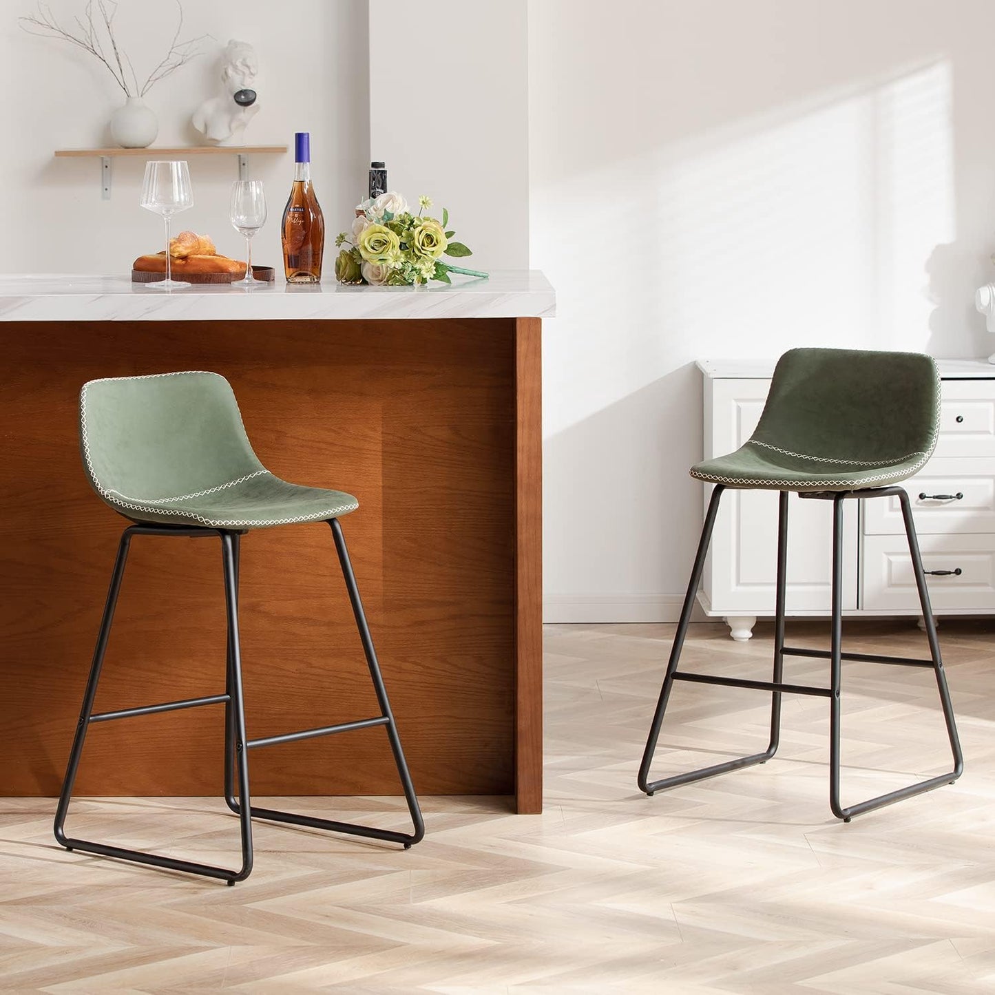 HeuGah Bar stools Set of 2,Faux Leather Counter Height Bar Stools,Dining Room Chairs with Metal Legs & Soft Backrest Easy to Assemble