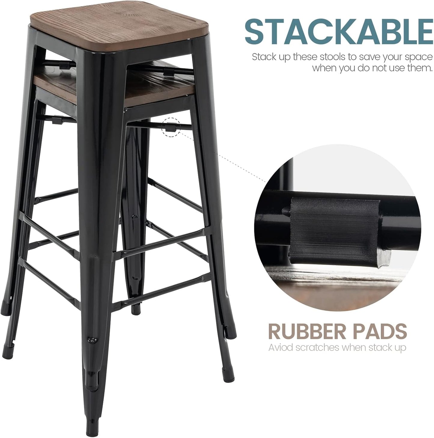 Brage Living 30 Inch Metal Bar Stools with Square Solid Elm Wood Seat Top, Backless Stackable Industrial Barstools Set of 2 (Black)
