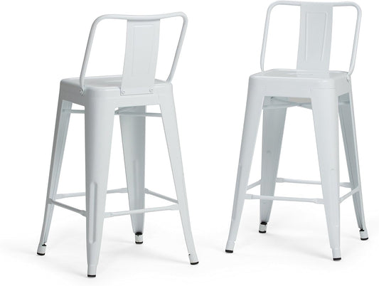 SIMPLIHOME Rayne Counter Stools (Set of 2) - 24 Inch Seat Height Metal Kitchen Seats in White, Industrial Seating for Dining Room or Kitchen with Curved Backrest and Footrest