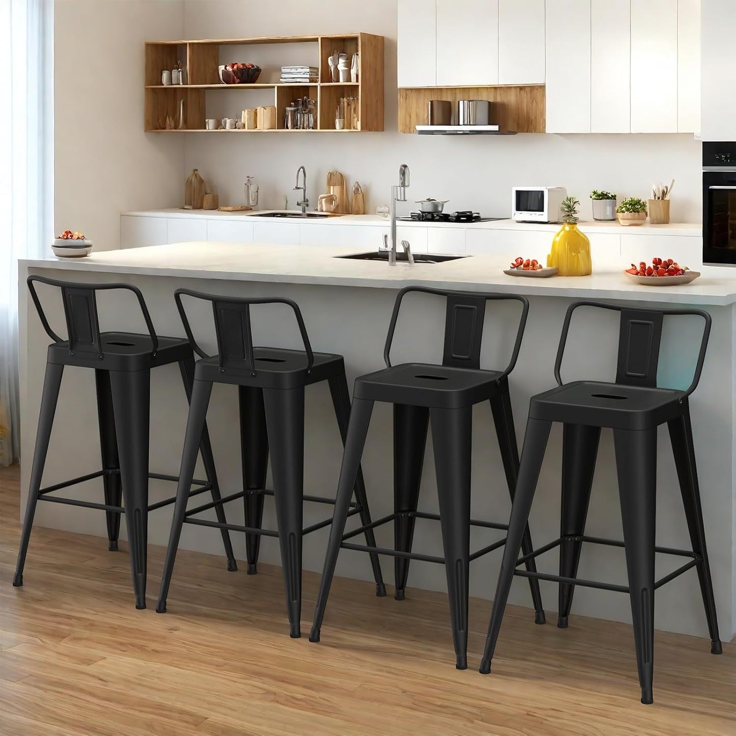 24 Inch Metal Bar Stools Set of 4, Counter Height Bar Stools with Low Back,Modern Industrial Bar Chairs for Kitchen (Matte Black)