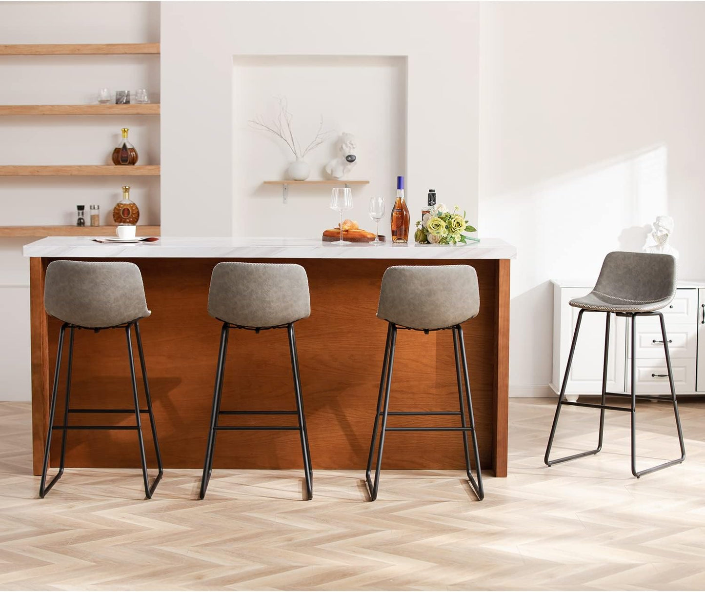 HeuGah Bar stools Set of 2,Faux Leather Counter Height Bar Stools,Dining Room Chairs with Metal Legs & Soft Backrest Easy to Assemble