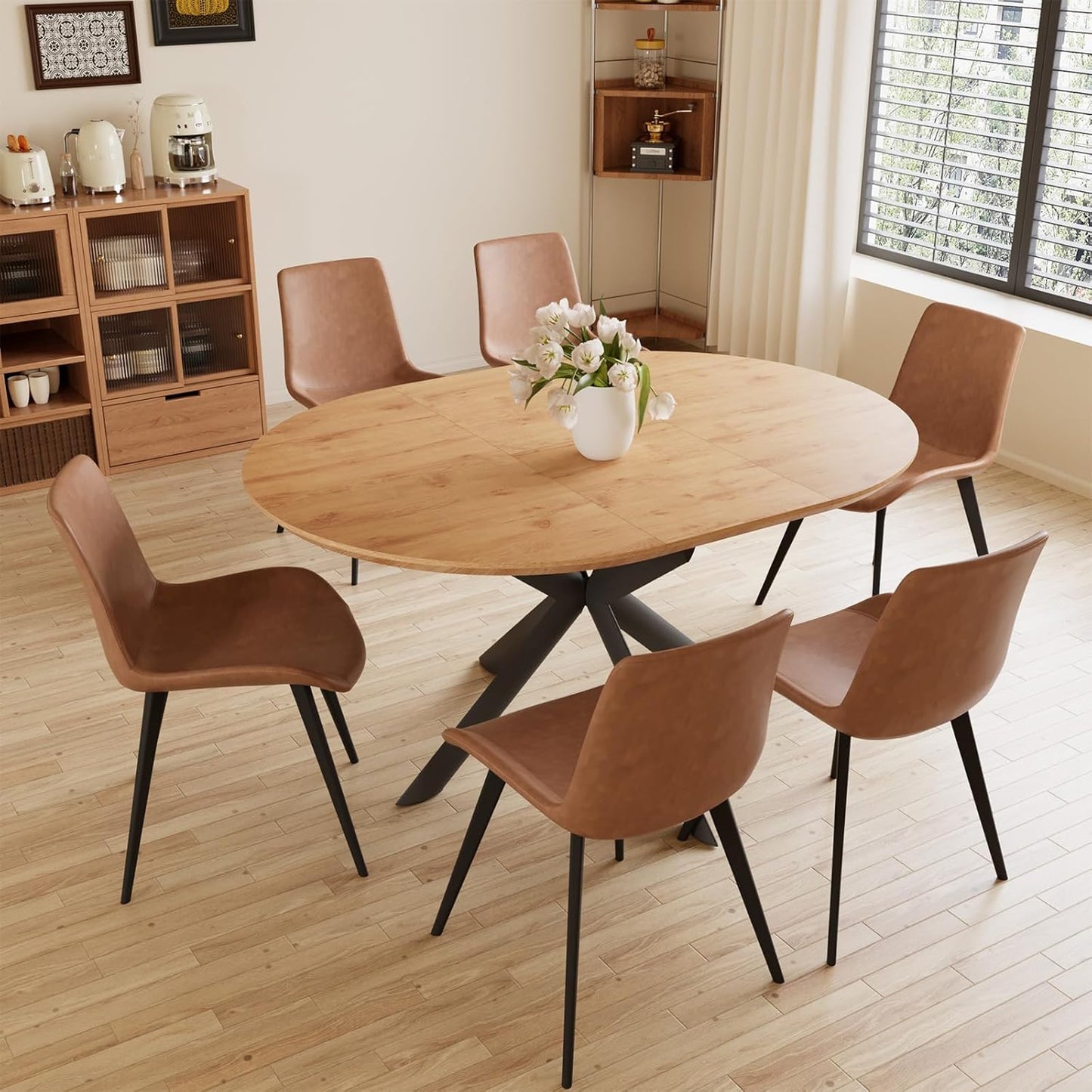 43.2"-59.1" Extendable Round Dining Table, Mid Century Modern Wooden Round Table, Leisure Oak Coffee Table,Saving Space