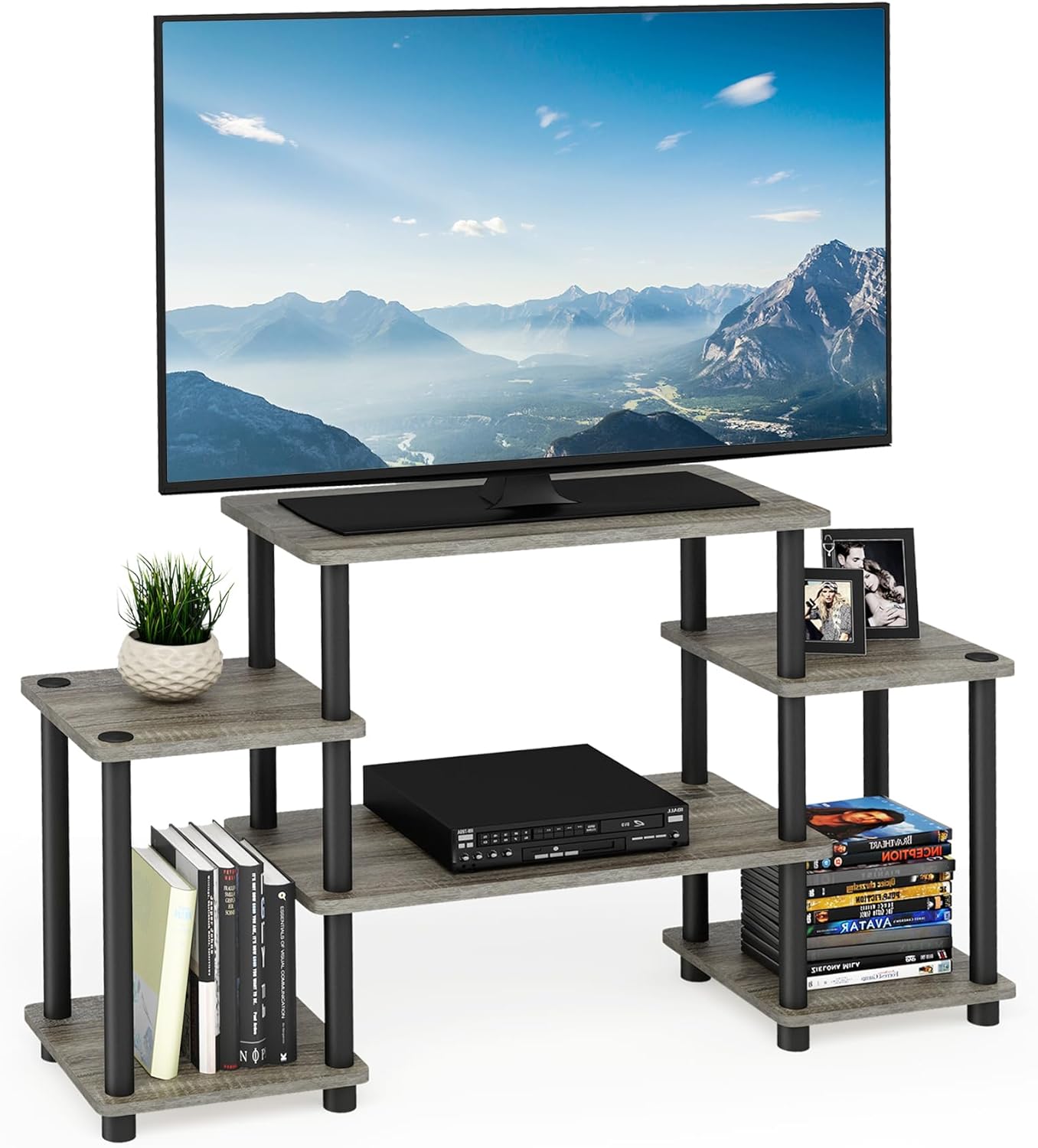 Furinno JAYA Simple Design Corner TV Stand, French Oak Grey/Black, 42.04 x 22.75 x 15.55 Inches
