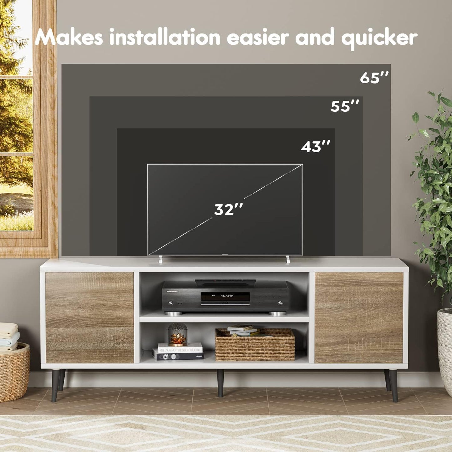 YESHOMY Modern TV Stand for 65" Television, Entertainment Center with Two Storage Cabinets, Retro Style Media Console for Living Room, Bedroom, Office, 58 Inch, White and Coffee