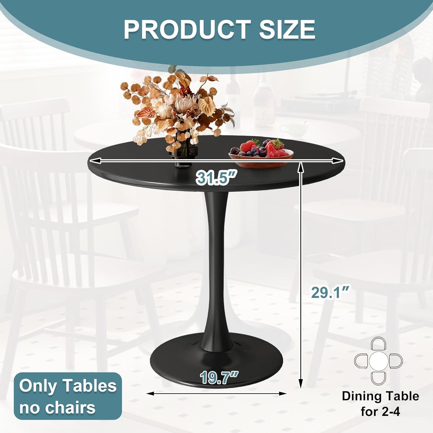 Okak 31.5 Inch Round Dining Table for 2-4, Modern Dinner Table Small Circle Dining Room Tables Farmhouse Kitchen Tables with Metal Base for Dining Room, Kitchen, Living Room, Small Space, Dark Black