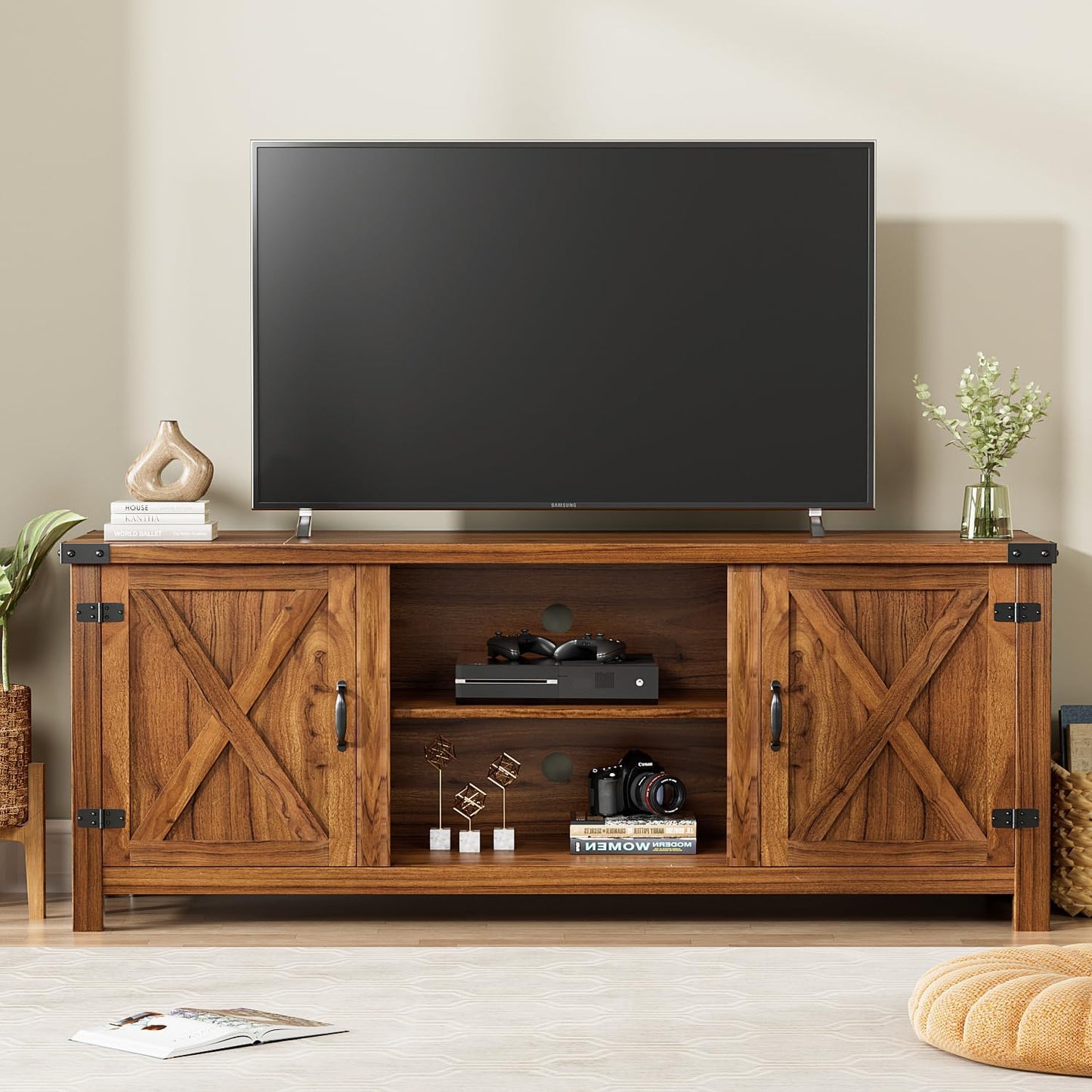 YESHOMY Modern Farmhouse TV Stand with Two Barn Doors and Storage Cabinets for Televisions up to 65+ Inch, Entertainment Center Console Table, Media Furniture for Living Room, 58 Inch, Gray Wash