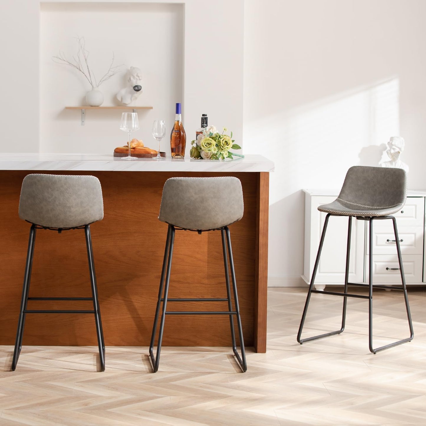 HeuGah Bar stools Set of 2,Faux Leather Counter Height Bar Stools,Dining Room Chairs with Metal Legs & Soft Backrest Easy to Assemble