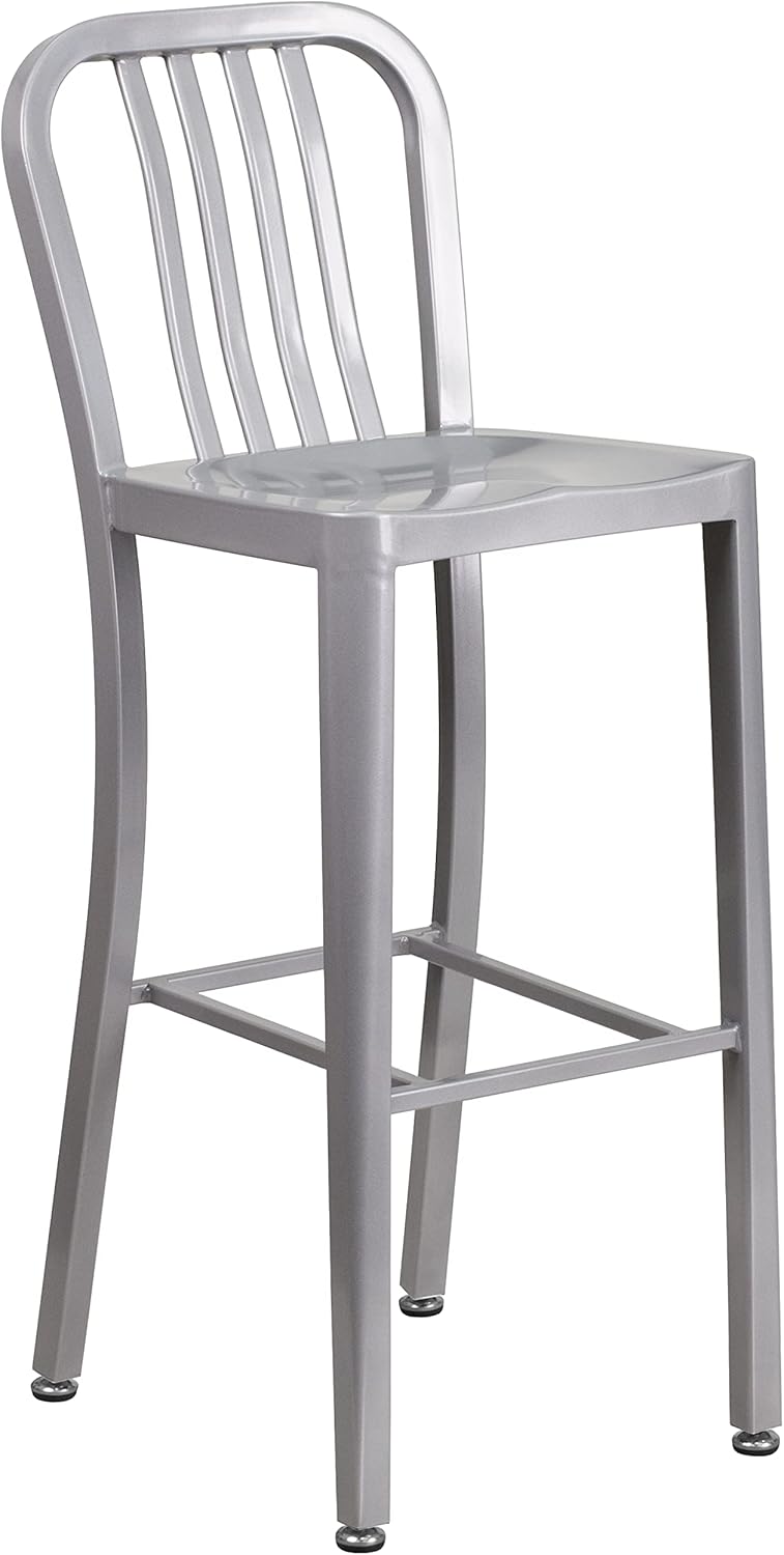 Flash Furniture Gael 30" Commercial Metal Barstools with Footrest, Vertical Slat Back Bar Height Stools for Restaurants and Kitchens, Set of 2, Silver