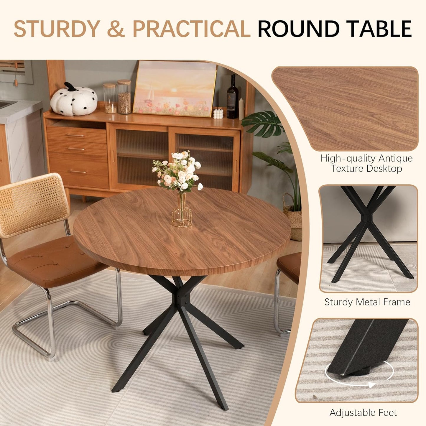 DKLGG Round Dining Table, 39" Mid-Century Modern Round Kitchen Table for 4-5 People, w/1.18" Thickness Tabletop & Black Metal Legs Leisure Table for Kitchen Dining Restaurant Furniture