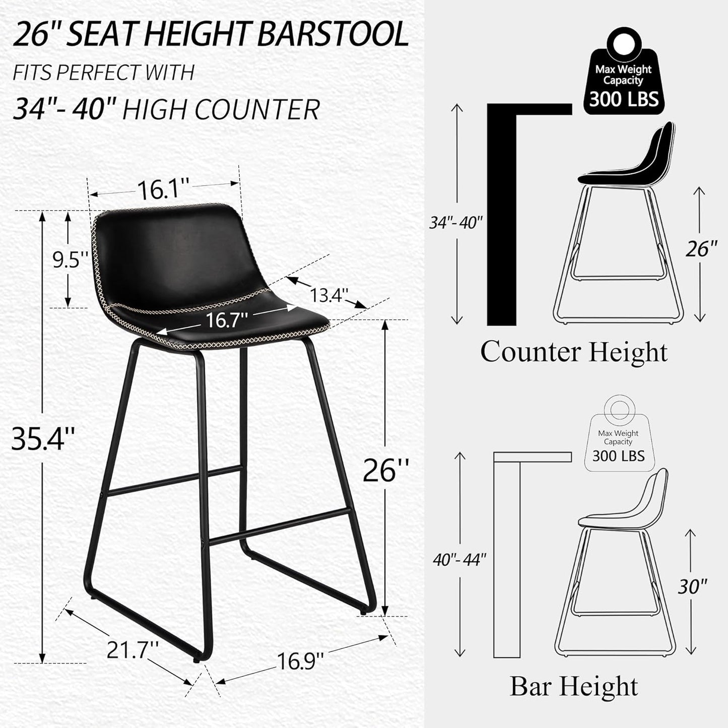 HeuGah Bar stools Set of 2,Faux Leather Counter Height Bar Stools,Dining Room Chairs with Metal Legs & Soft Backrest Easy to Assemble