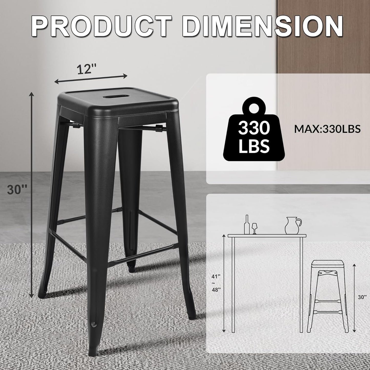 30 Inches Metal Bar Stools, High Backless Stools, Indoor Outdoor Stackable Kitchen Stools, Set of 4, Graphite