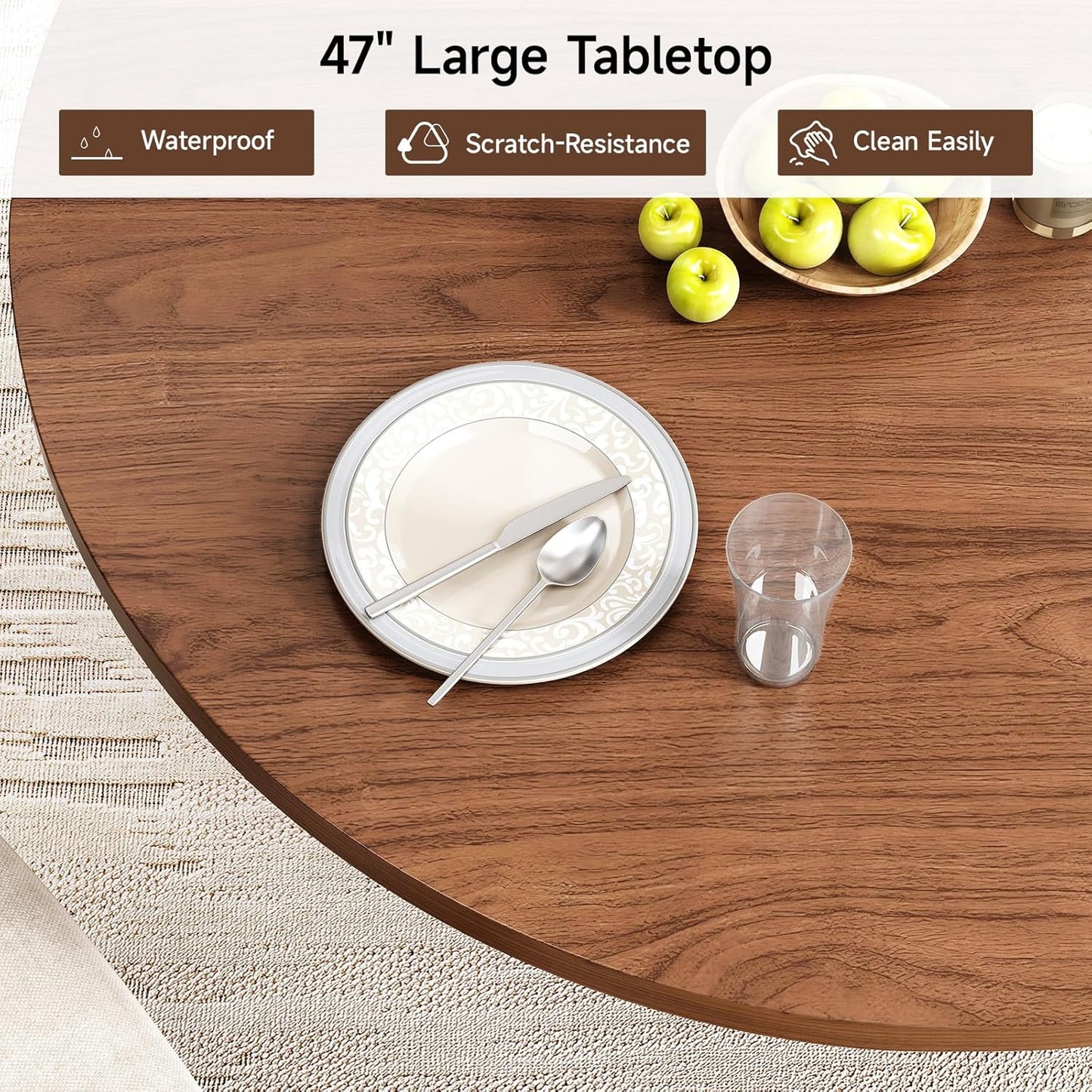 47 inch Round Dining Table for 4, Circle Kitchen Table with 2-Layer Storage Shelf and a Drawer, Modern Farmhouse Dinner Tables with Sliding Door and Wood Strip Base for Kitchen, Living Room (Walnut)