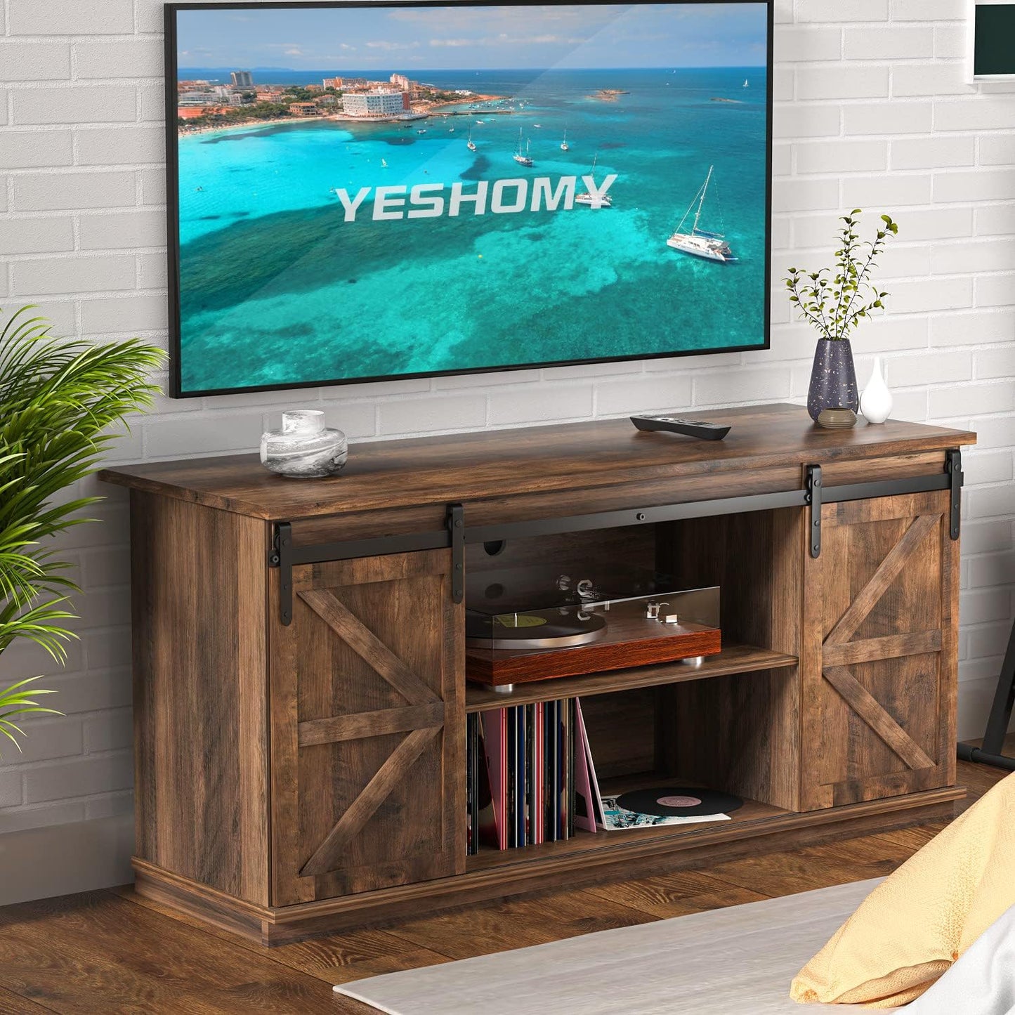 YESHOMY Farmhouse TV Stand for Televisions up to 65 Inches, Sliding Barn Doors and Storage Cabinets, Console Table and Media Furniture for Living Room, 58 Inch, Milk White