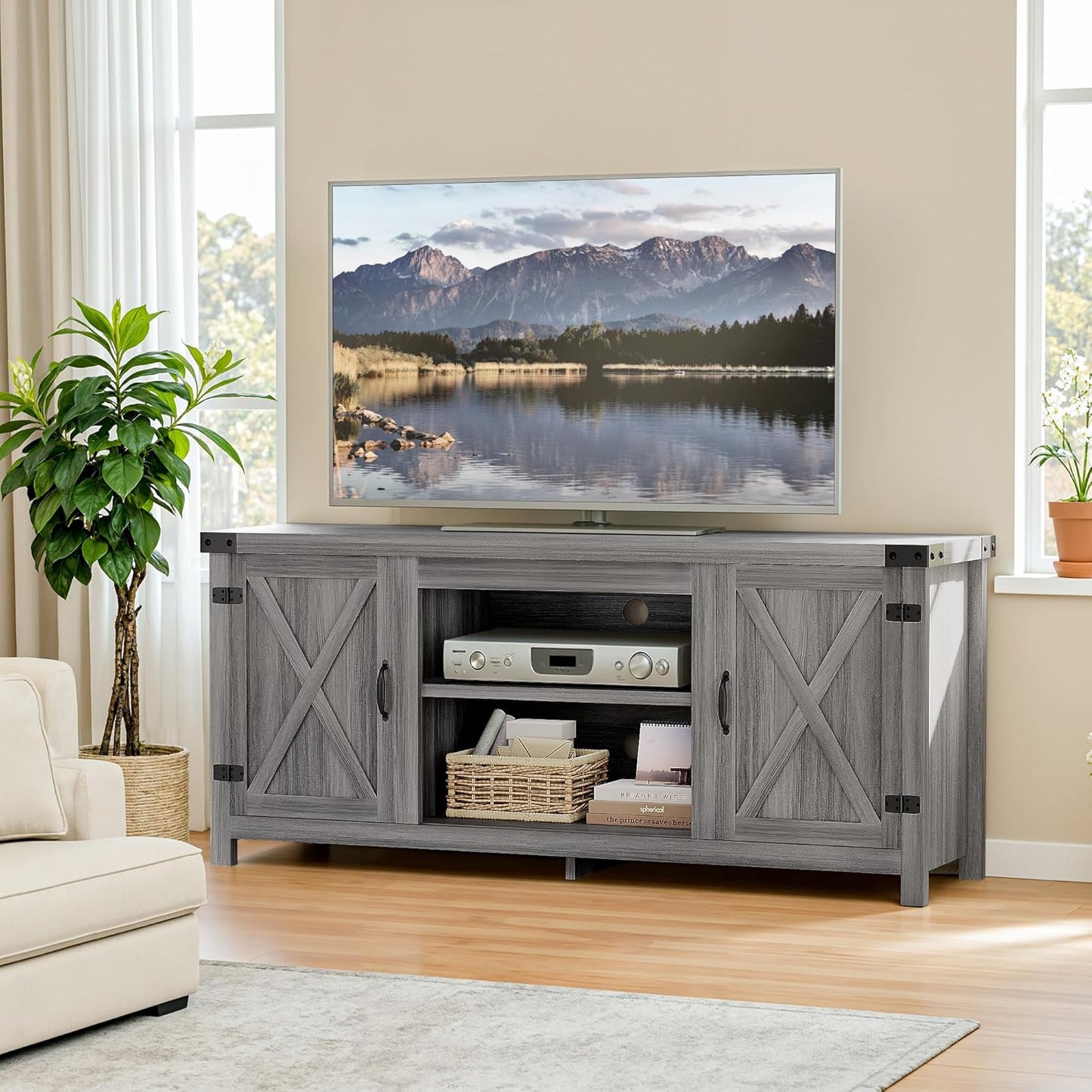 YESHOMY Modern Farmhouse TV Stand with Two Barn Doors and Storage Cabinets for Televisions up to 65+ Inch, Entertainment Center Console Table, Media Furniture for Living Room, 58 Inch, Gray Wash