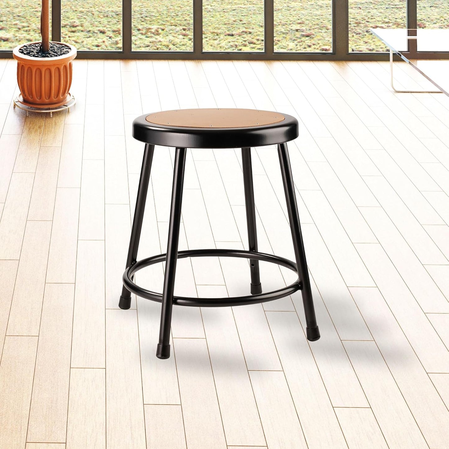 National Public Seating 6200 Series Heavy Duty 18 Inch Steel Stool with 1 Inch Round Seat Pan Supports up to 500 Pounds, Black Frame and Legs