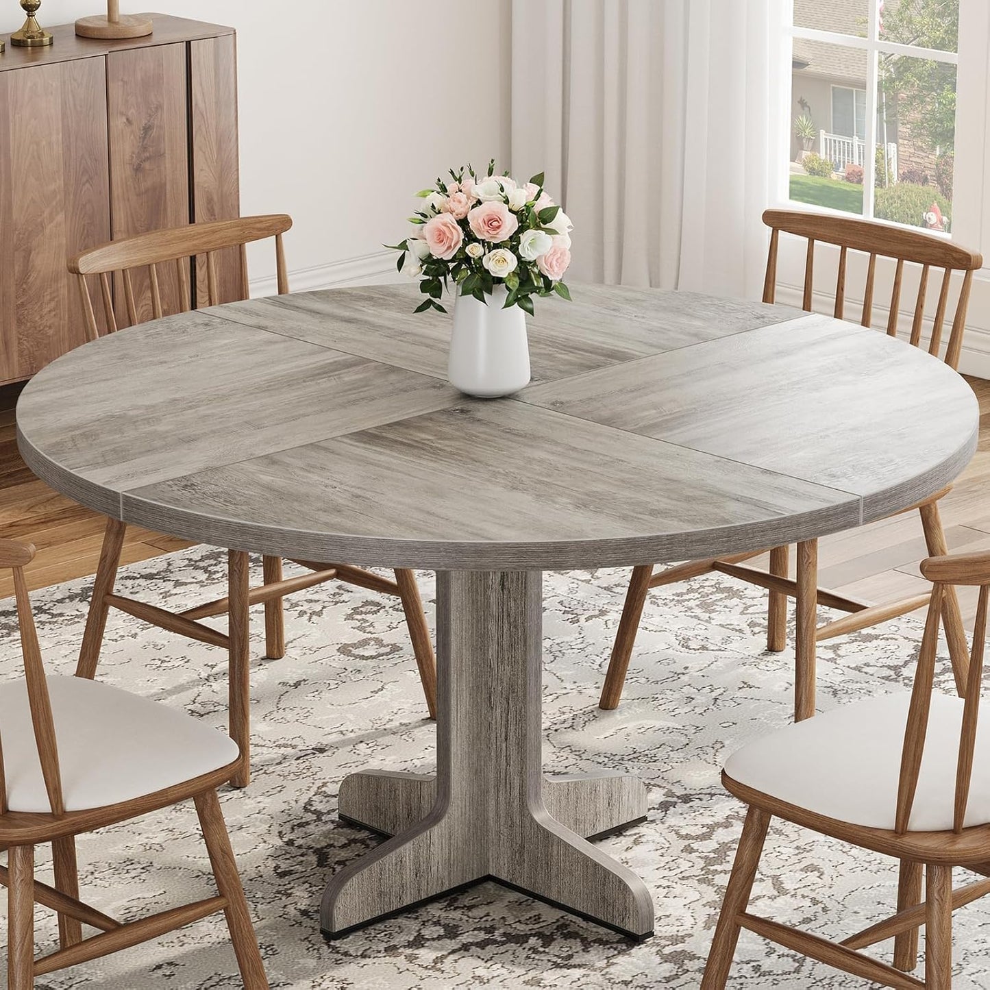 IDEALHOUSE Round Dining Table for 4, 47 Inches Dining Room Table with Wooden Base, Circle Kitchen Dinner Table for Dining Room, Kitchen, Living Room (Table Only), Black
