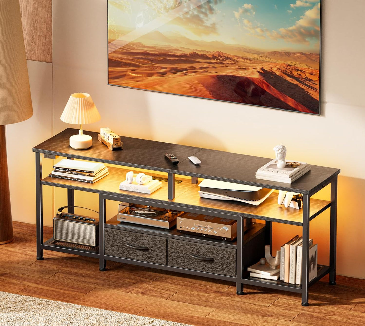 Huuger TV Stand for 65 70 Inch TV, Entertainment Center with Power Outlets and LED Lights, TV Console for Living Room, Media Console with Drawers and Shelves, Black