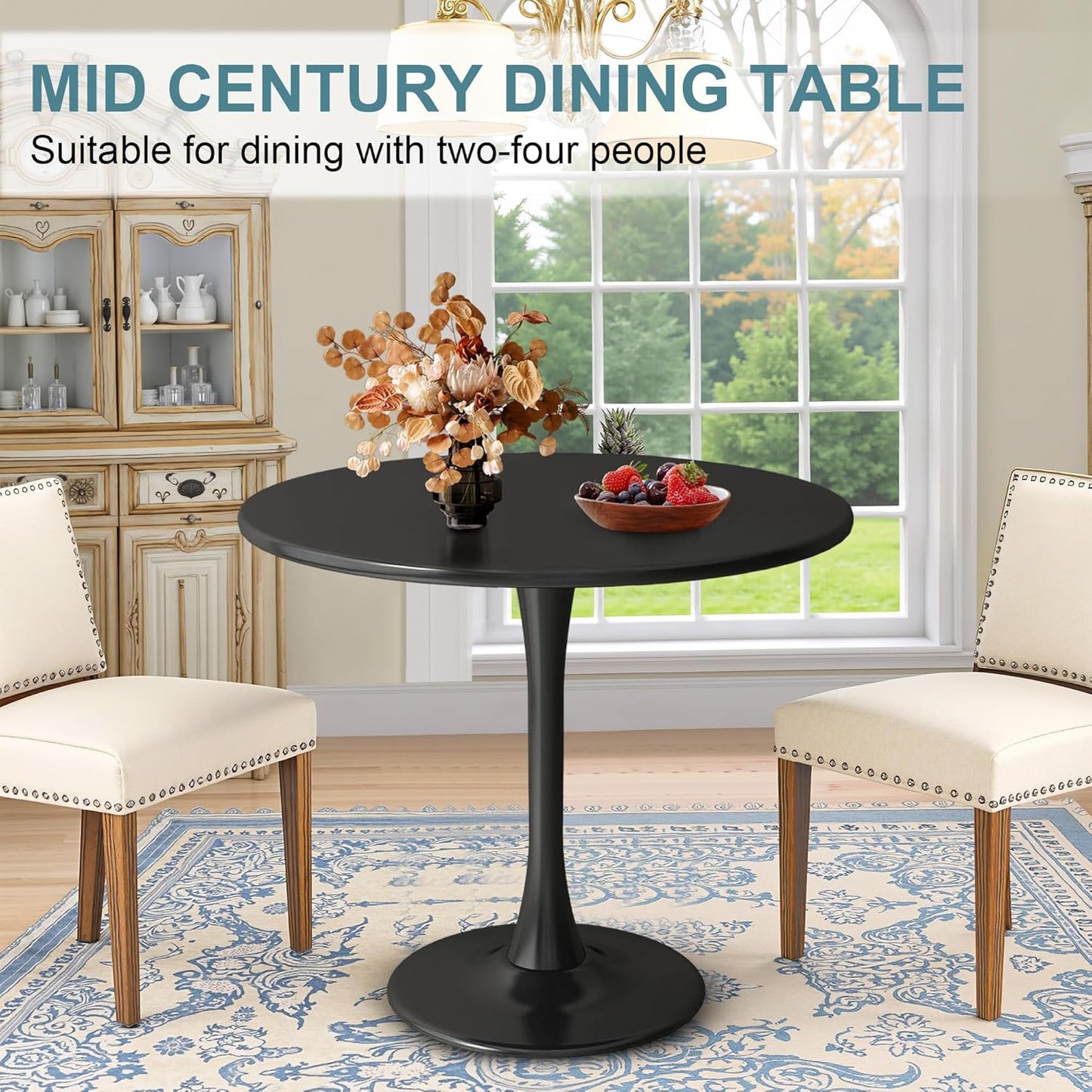 Okak 31.5 Inch Round Dining Table for 2-4, Modern Dinner Table Small Circle Dining Room Tables Farmhouse Kitchen Tables with Metal Base for Dining Room, Kitchen, Living Room, Small Space, Dark Black