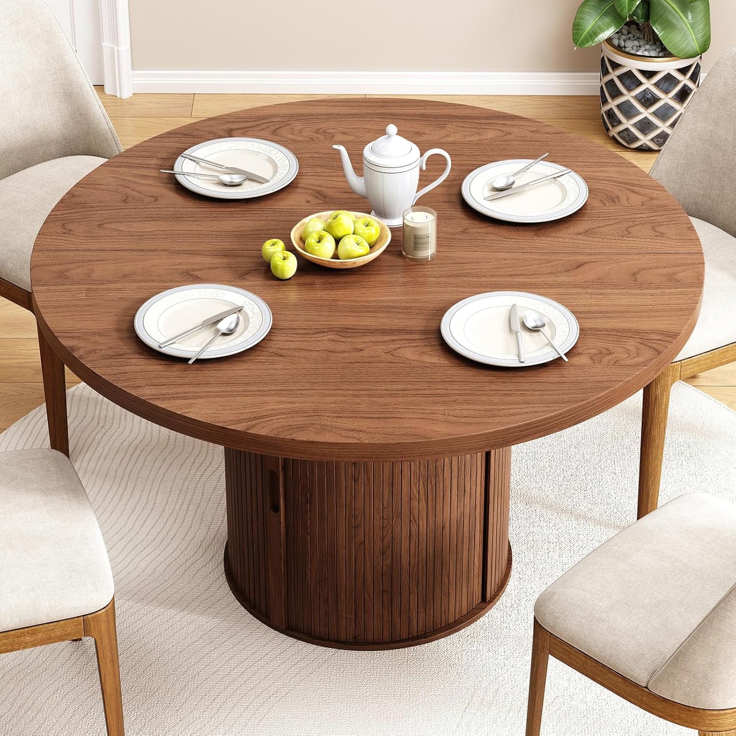 47 inch Round Dining Table for 4, Circle Kitchen Table with 2-Layer Storage Shelf and a Drawer, Modern Farmhouse Dinner Tables with Sliding Door and Wood Strip Base for Kitchen, Living Room (Walnut)
