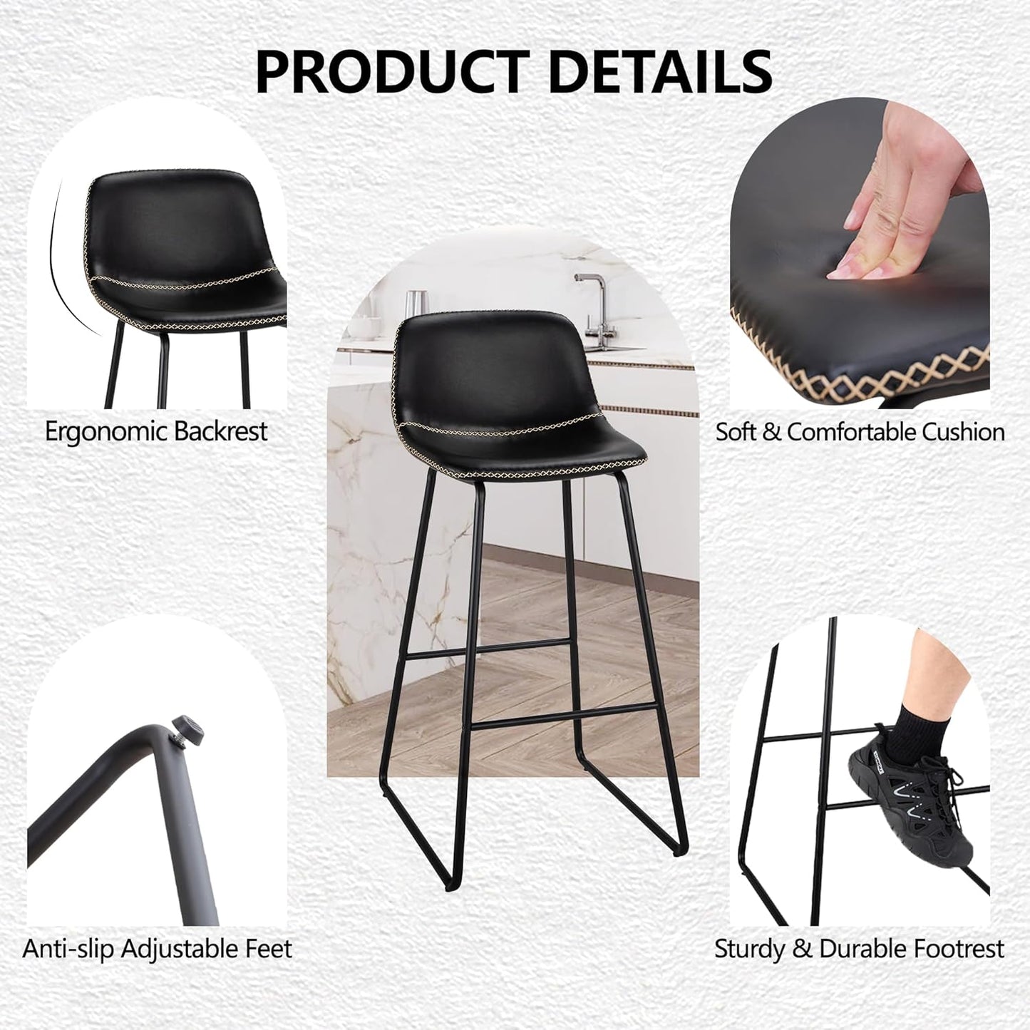 HeuGah Bar stools Set of 2,Faux Leather Counter Height Bar Stools,Dining Room Chairs with Metal Legs & Soft Backrest Easy to Assemble