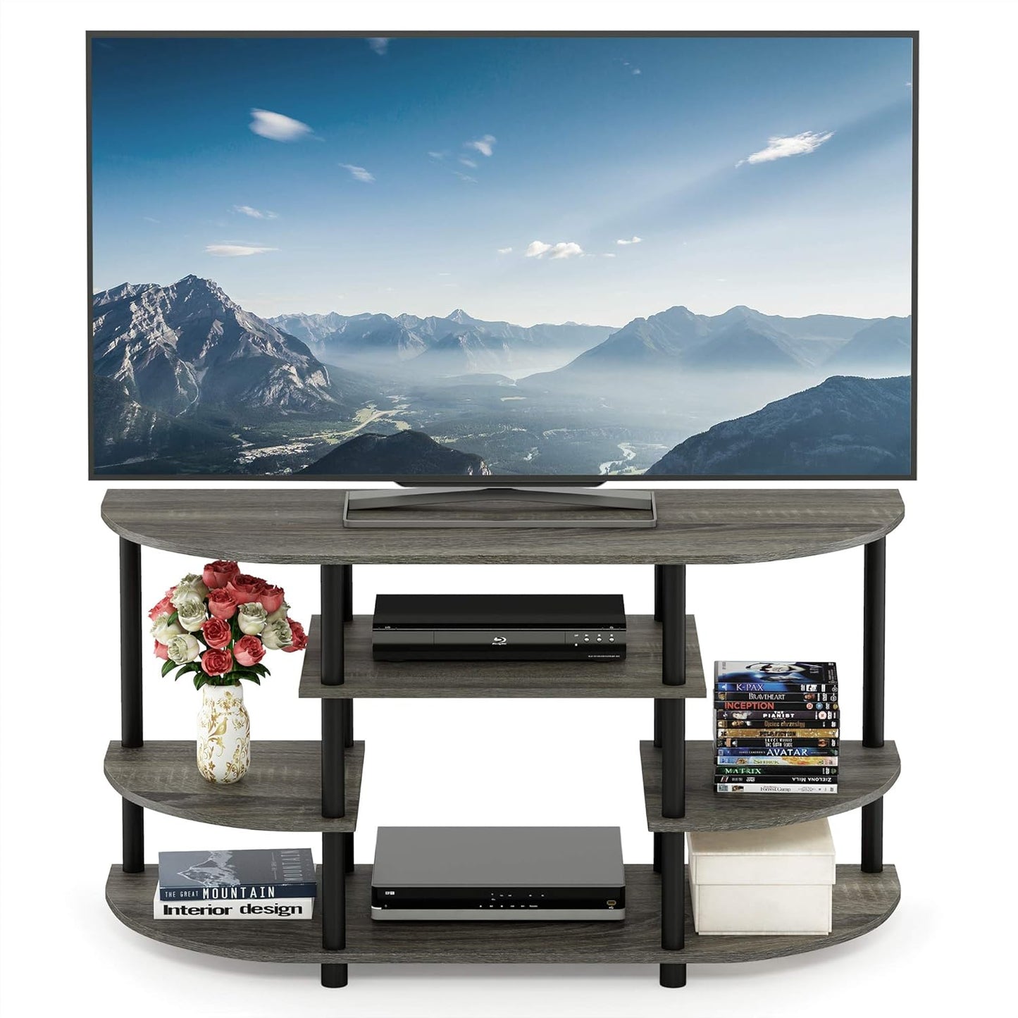 Furinno JAYA Simple Design Corner TV Stand, French Oak Grey/Black, 42.04 x 22.75 x 15.55 Inches