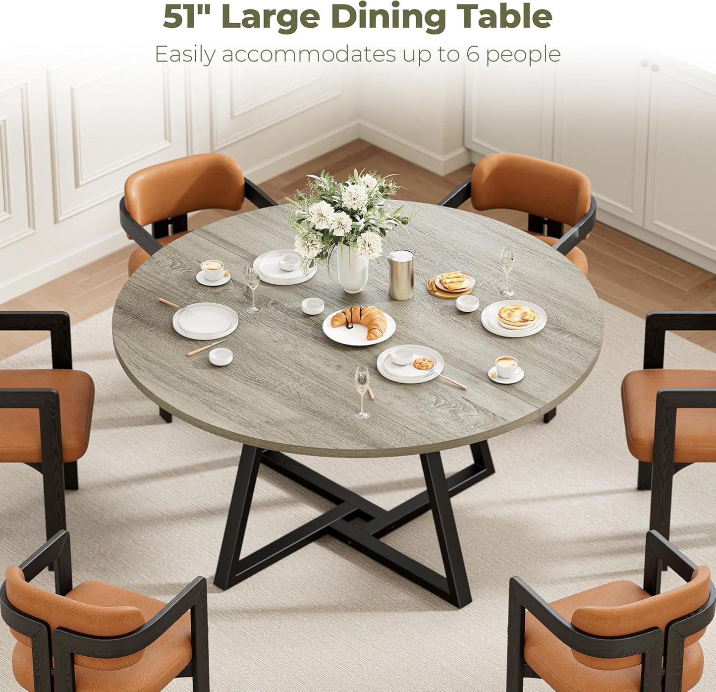 IRONCK 51" Round Dining Table for 6, Wood Kitchen Table with Metal Base, Space Saving Industrial Circle Dinner Table for Kitchen Dining Room, Gray