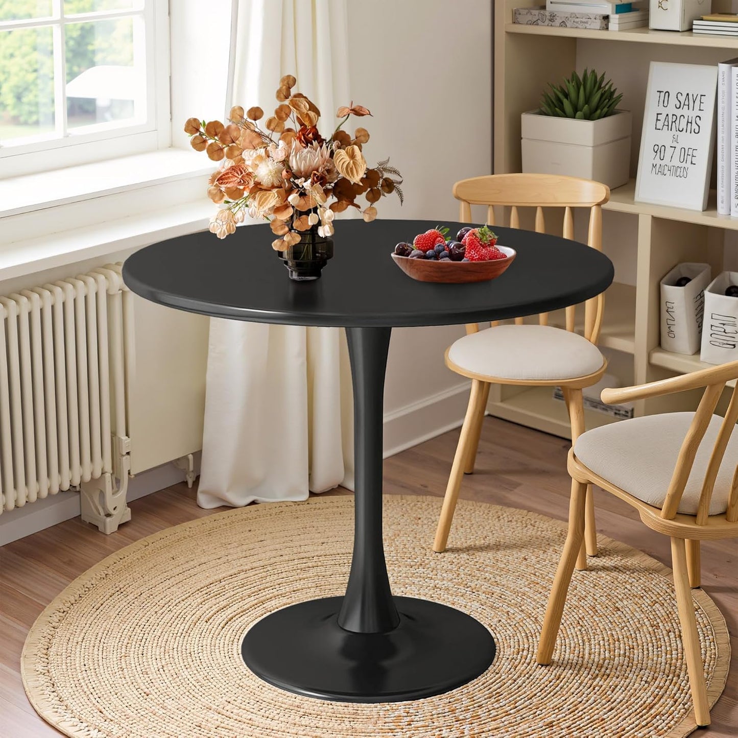 Okak 31.5 Inch Round Dining Table for 2-4, Modern Dinner Table Small Circle Dining Room Tables Farmhouse Kitchen Tables with Metal Base for Dining Room, Kitchen, Living Room, Small Space, Dark Black