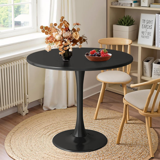 Okak 31.5 Inch Round Dining Table for 2-4, Modern Dinner Table Small Circle Dining Room Tables Farmhouse Kitchen Tables with Metal Base for Dining Room, Kitchen, Living Room, Small Space, Dark Black