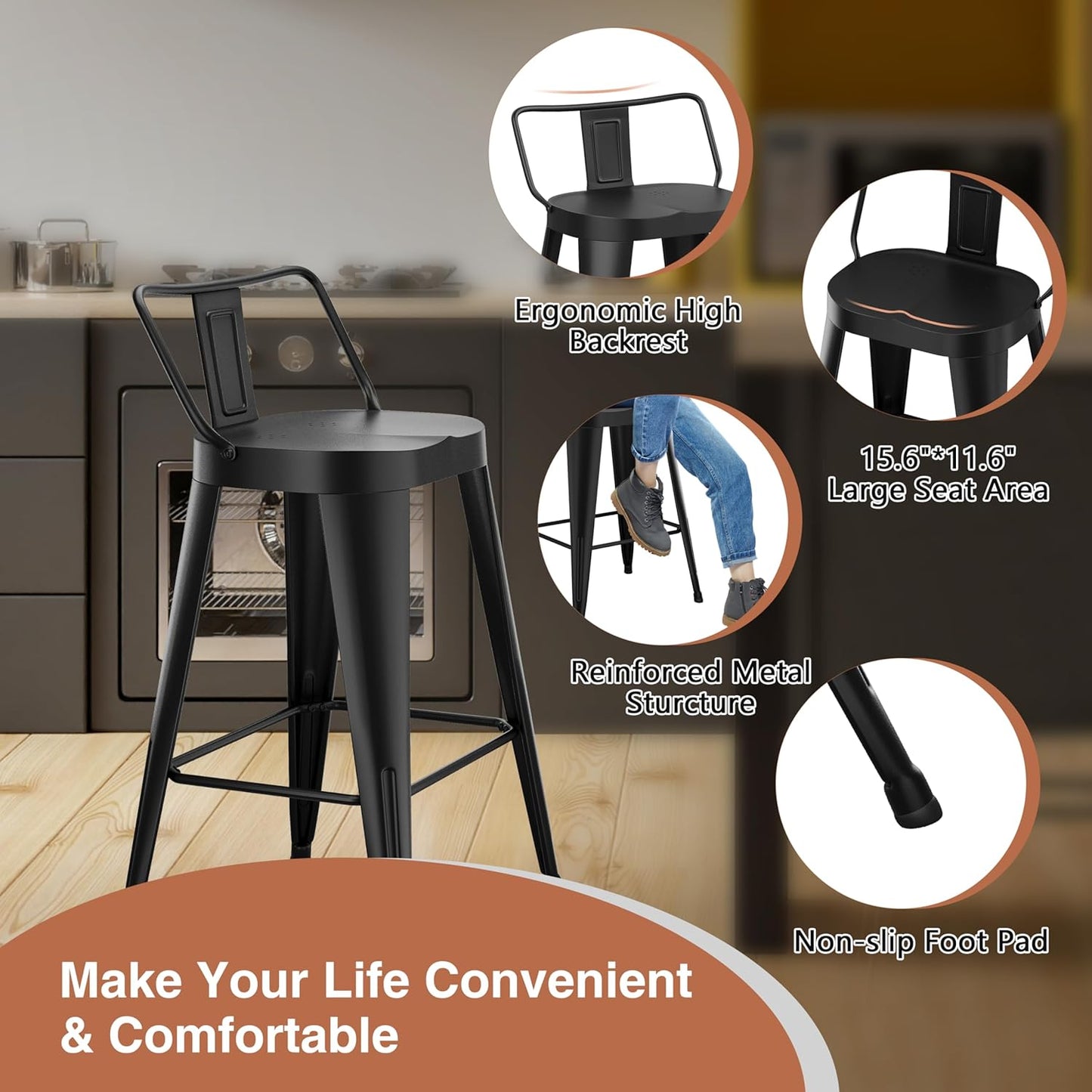 ALISH 24 Inch Bar Stools Set of 4, Industrial Metal Barstools Farmhouse Bar Chairs with Large Seat for Kitchen Island (24 Inch, Black)