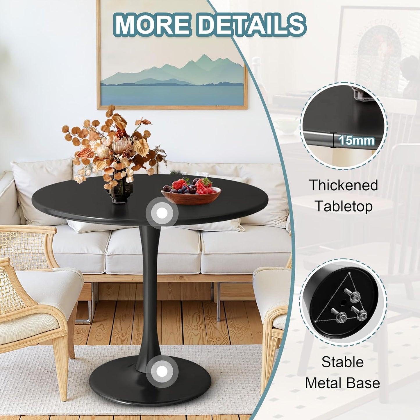 Okak 31.5 Inch Round Dining Table for 2-4, Modern Dinner Table Small Circle Dining Room Tables Farmhouse Kitchen Tables with Metal Base for Dining Room, Kitchen, Living Room, Small Space, Dark Black