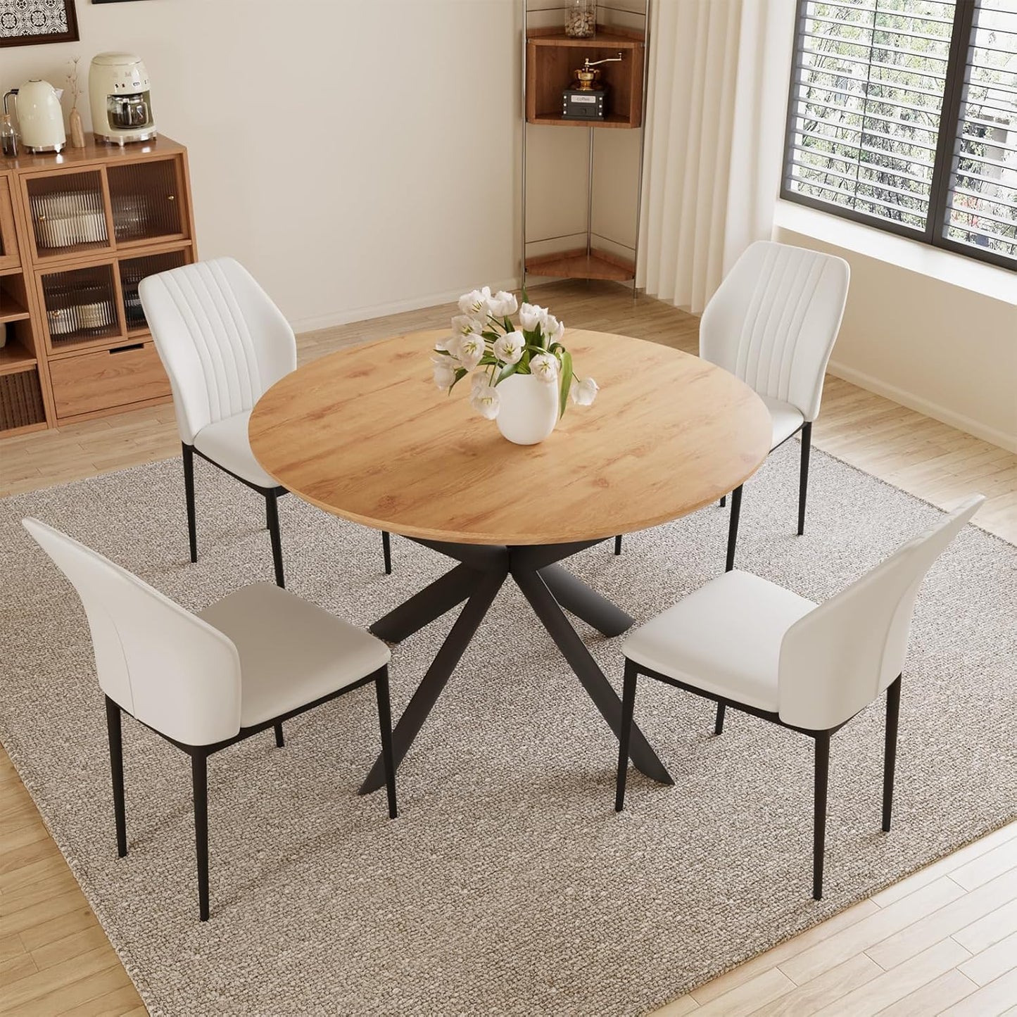 43.2"-59.1" Extendable Round Dining Table, Mid Century Modern Wooden Round Table, Leisure Oak Coffee Table,Saving Space