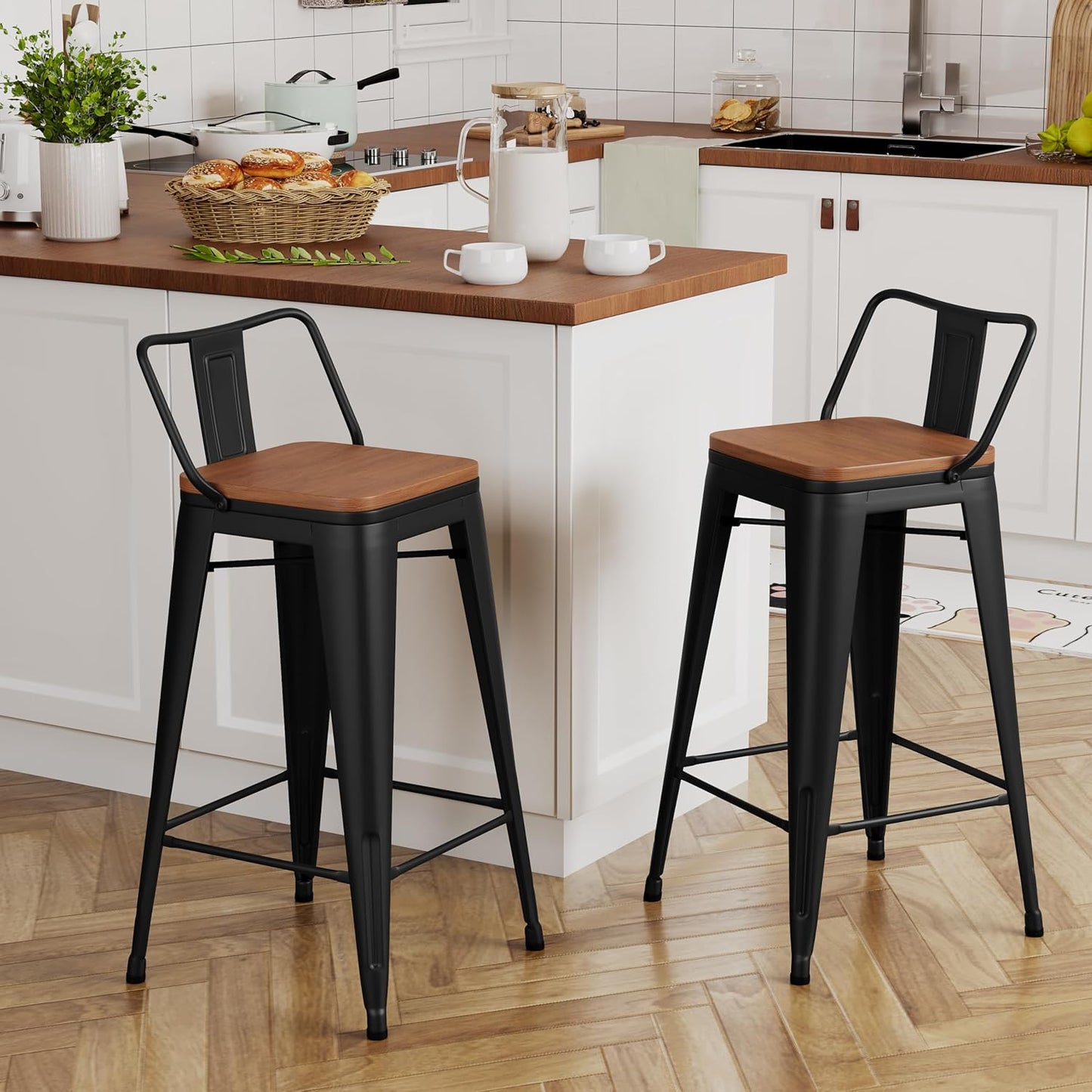 Yongchuang 24" Metal Barstools Set of 4 Counter Bar Stools with Wood Top Low Back Matte Black