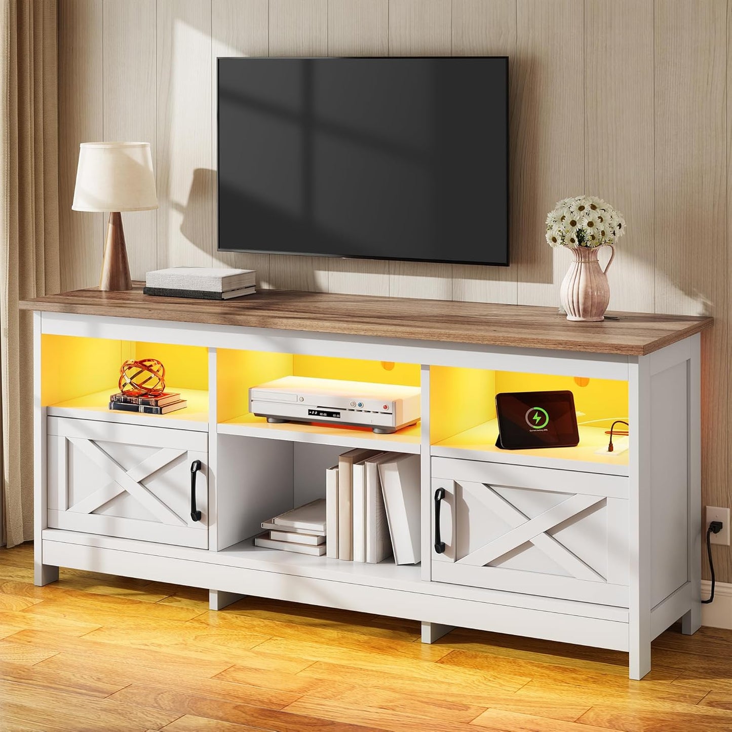 YITAHOME TV Stand for 65 Inch TVs, Entertainment Center with Storage Cabinets, Power Outlet & LED Light, Media TV Console with Barn Doors for Living Room, Black