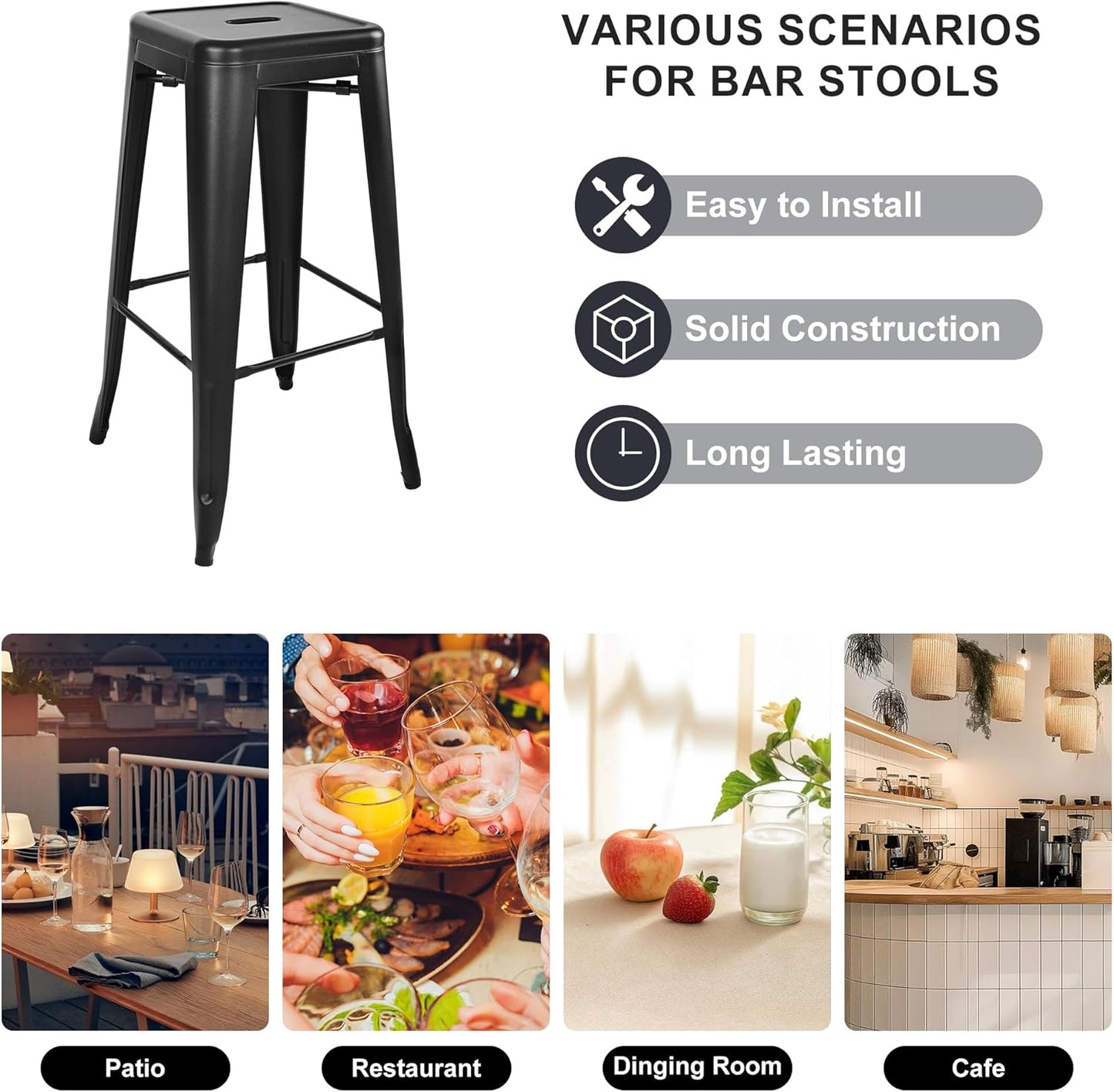 30 Inches Metal Bar Stools, High Backless Stools, Indoor Outdoor Stackable Kitchen Stools, Set of 4, Graphite