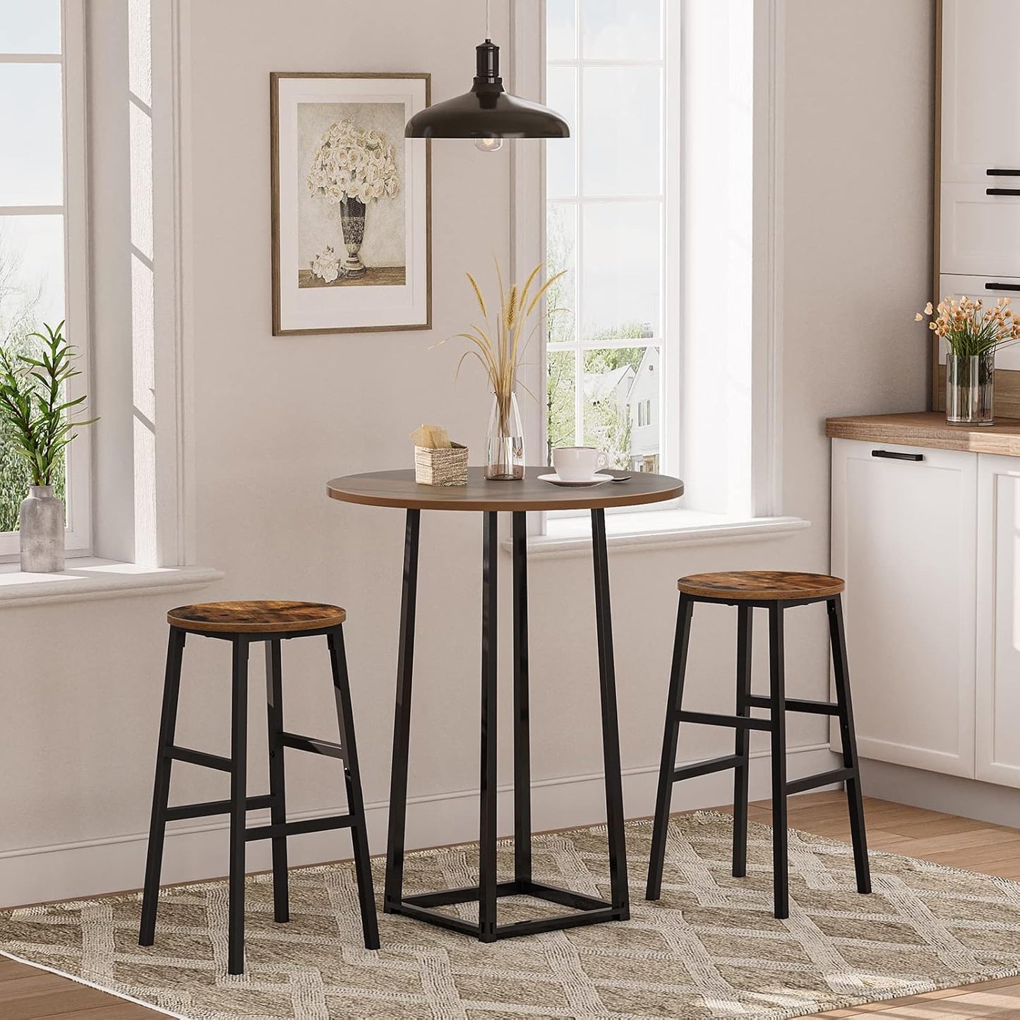 Bar Stools, Set of 2 Round Bar Chairs with Footrest, 24.4 Inch Kitchen Breakfast Bar Stools, Industrial Bar Stools, Easy Assembly, for Dining Room, Kitchen, Rustic Brown BAHR0201Z