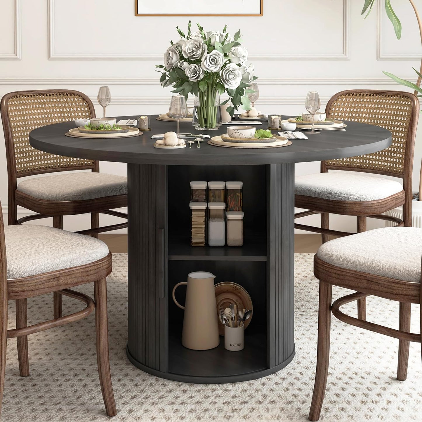 47 inch Round Dining Table for 4, Kitchen Table Dinner Table with 2-Layer Storage Shelf and Wood Slide Door for Home Dining Room Living Room (Natural)