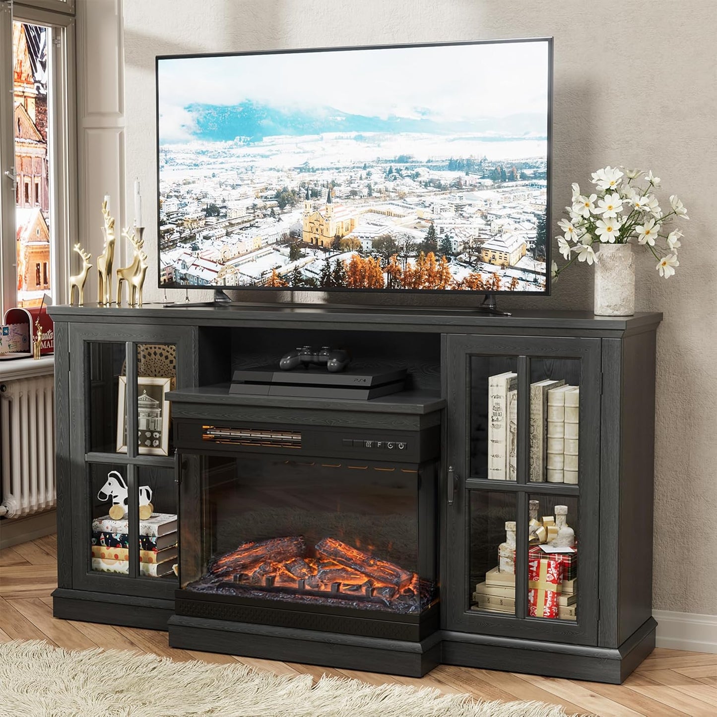 JUMMICO TV Stand for 65 Inch TV, Entertainment Center with Storage Cabinets and Sliding Barn Doors, Mid Century Modern Media TV Console Table for Living Room Bedroom (Bright White)